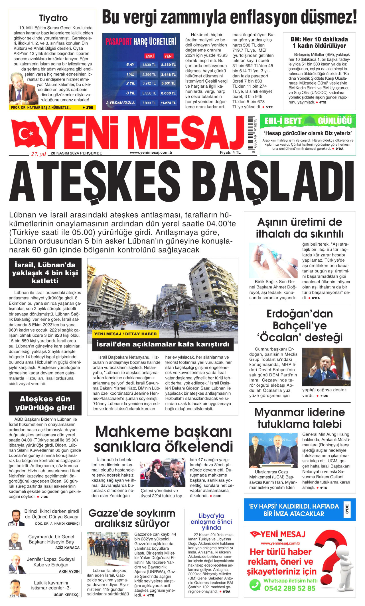 YENİ MESAJ gazetesinin 28 Kasım 2024 tarihli birinci sayfası