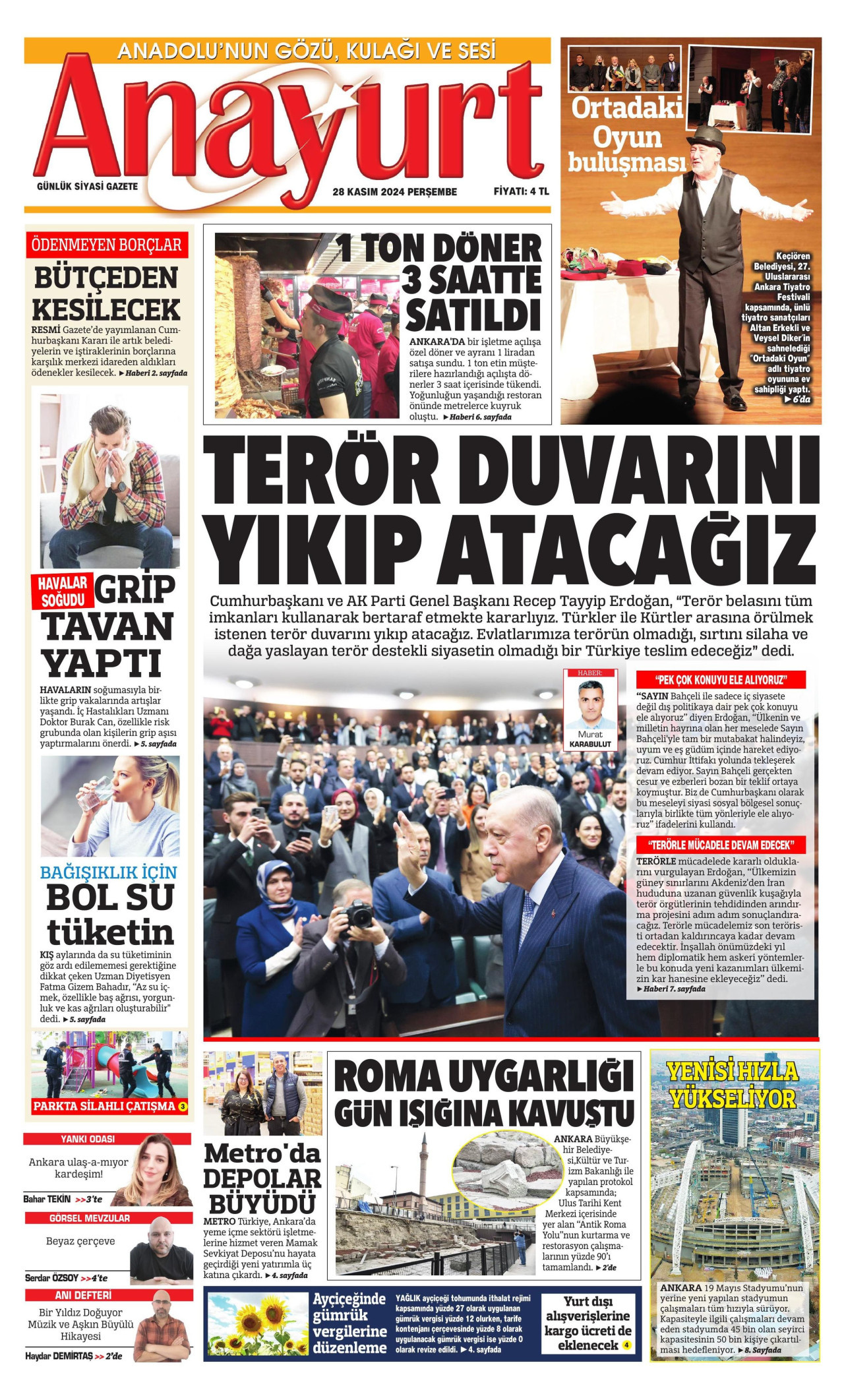 ANAYURT gazetesinin 28 Kasım 2024 tarihli birinci sayfası