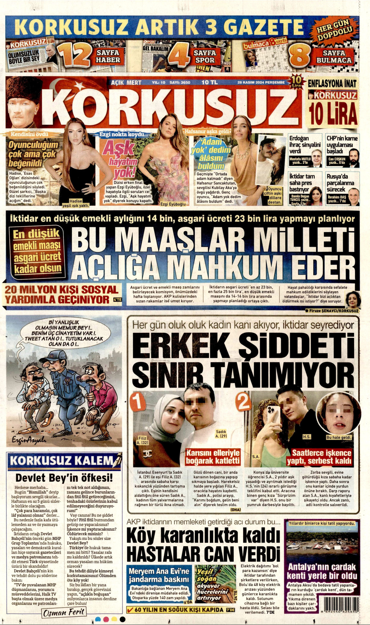 KORKUSUZ gazetesinin 28 Kasım 2024 tarihli birinci sayfası