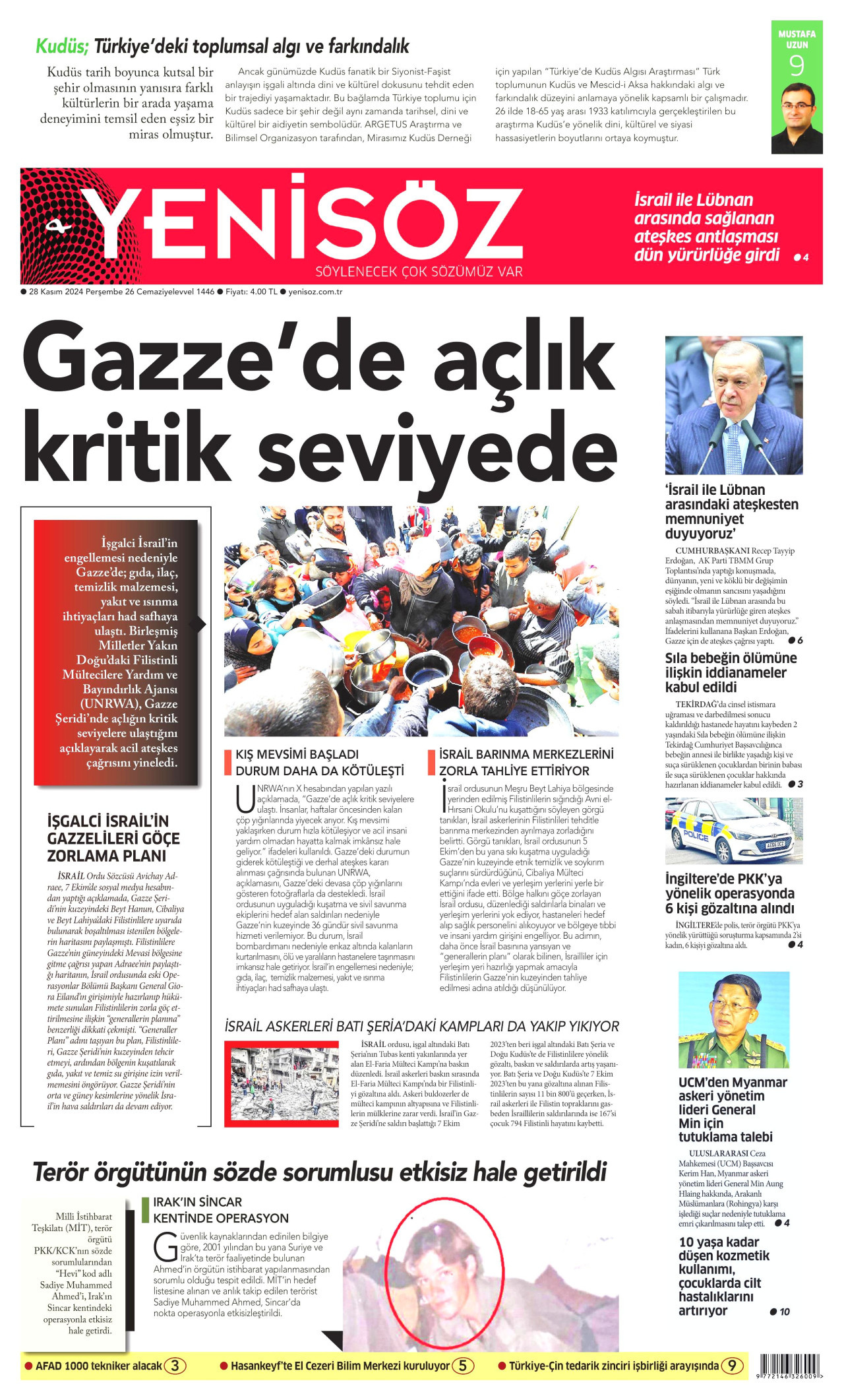 YENİ SÖZ GAZETESİ gazetesinin 28 Kasım 2024 tarihli birinci sayfası