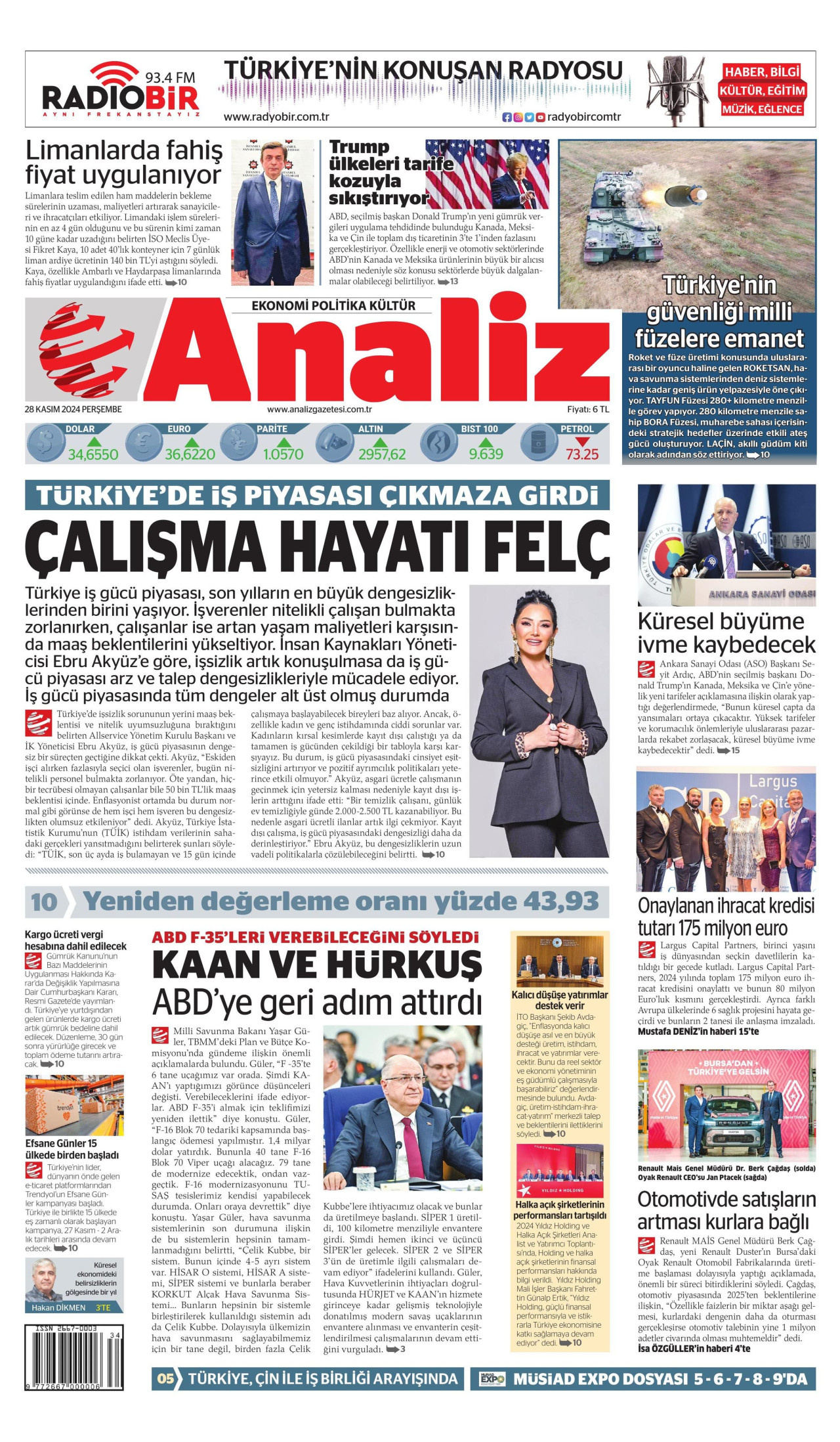 ANALİZ gazetesinin 28 Kasım 2024 tarihli birinci sayfası