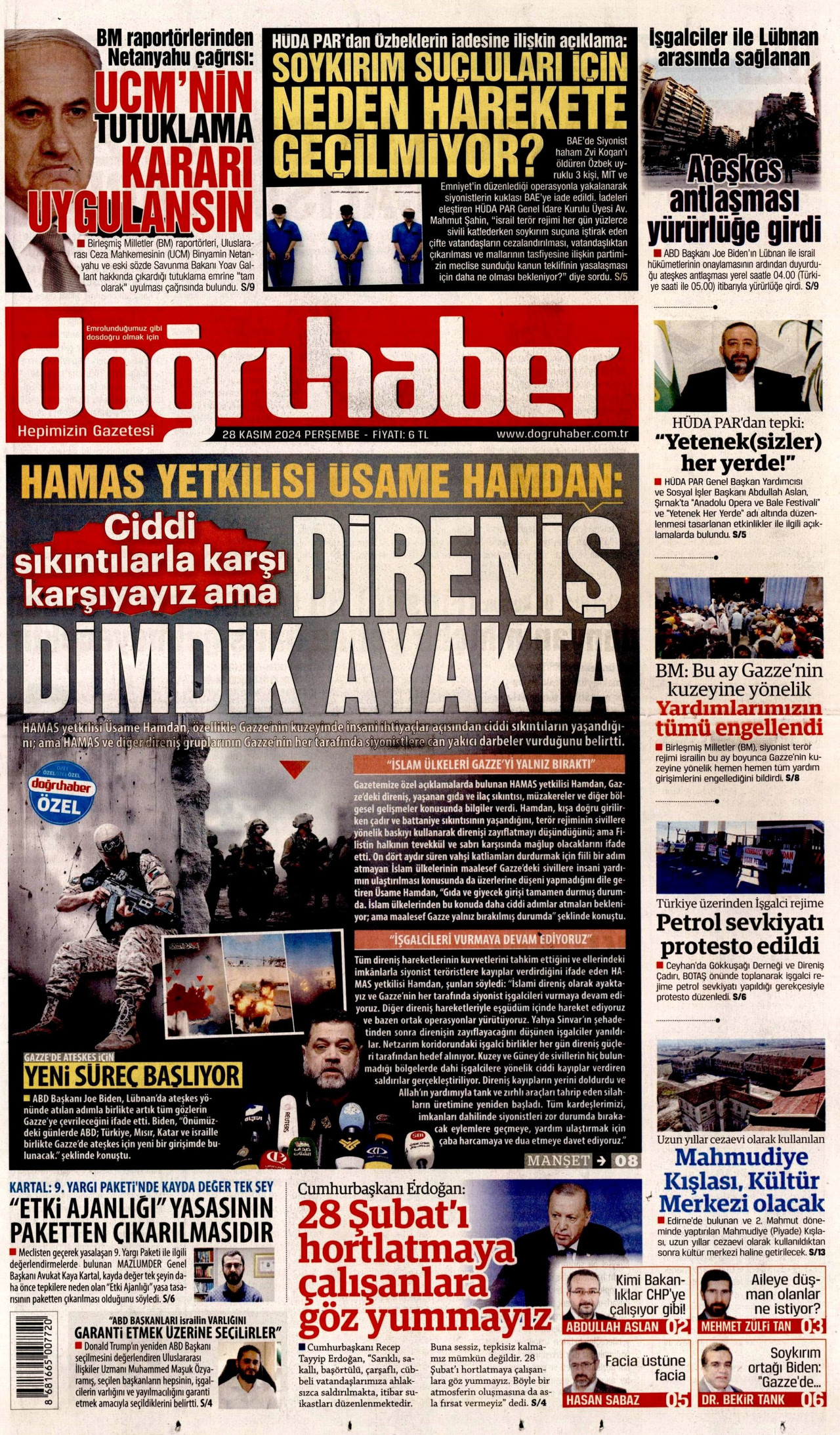DOĞRU HABER gazetesinin 28 Kasım 2024 tarihli birinci sayfası