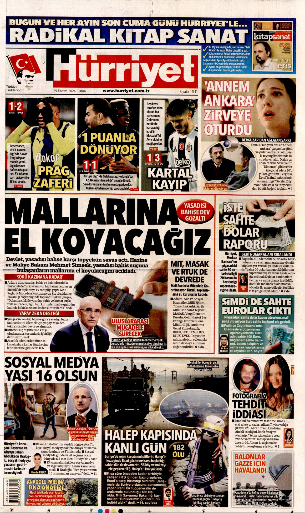 HÜRRİYET gazetesinin 29 Kasım 2024 tarihli birinci sayfası
