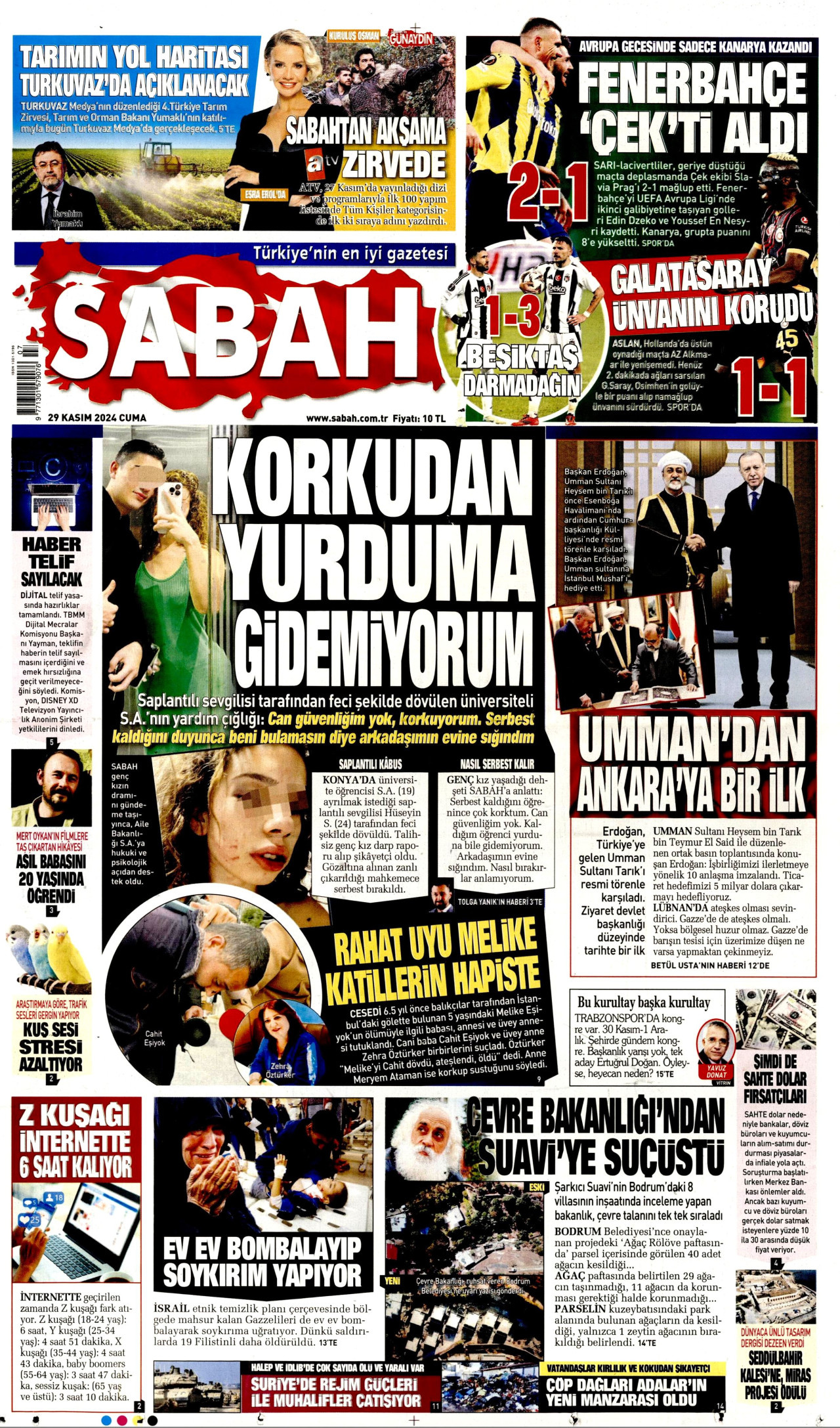 SABAH gazetesinin 29 Kasım 2024 tarihli birinci sayfası