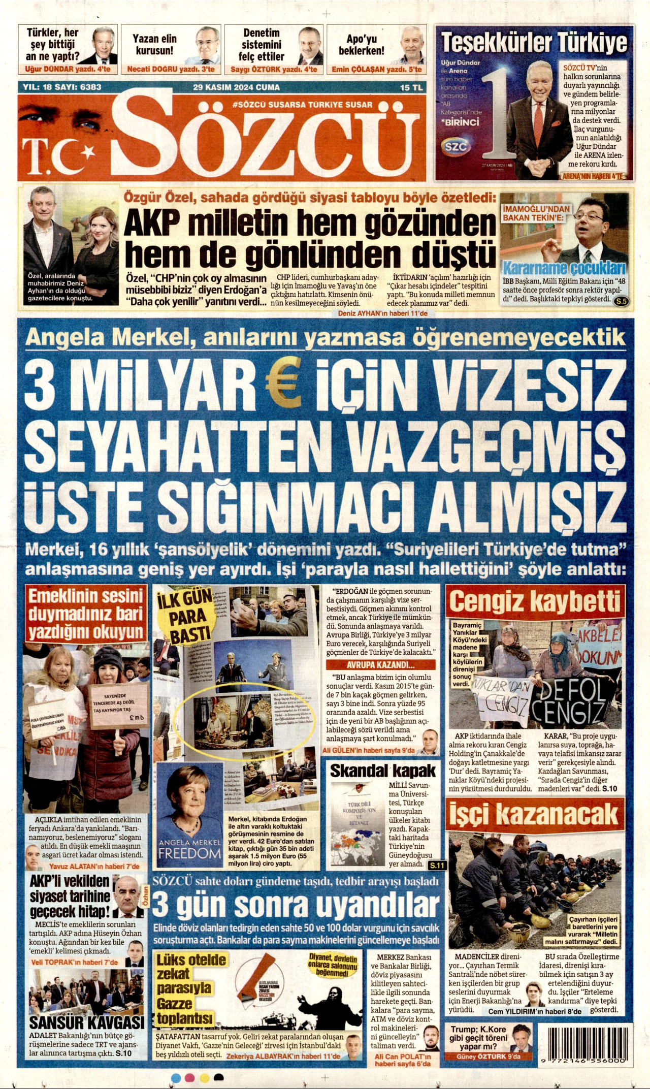 SÖZCÜ gazetesinin 29 Kasım 2024 tarihli birinci sayfası