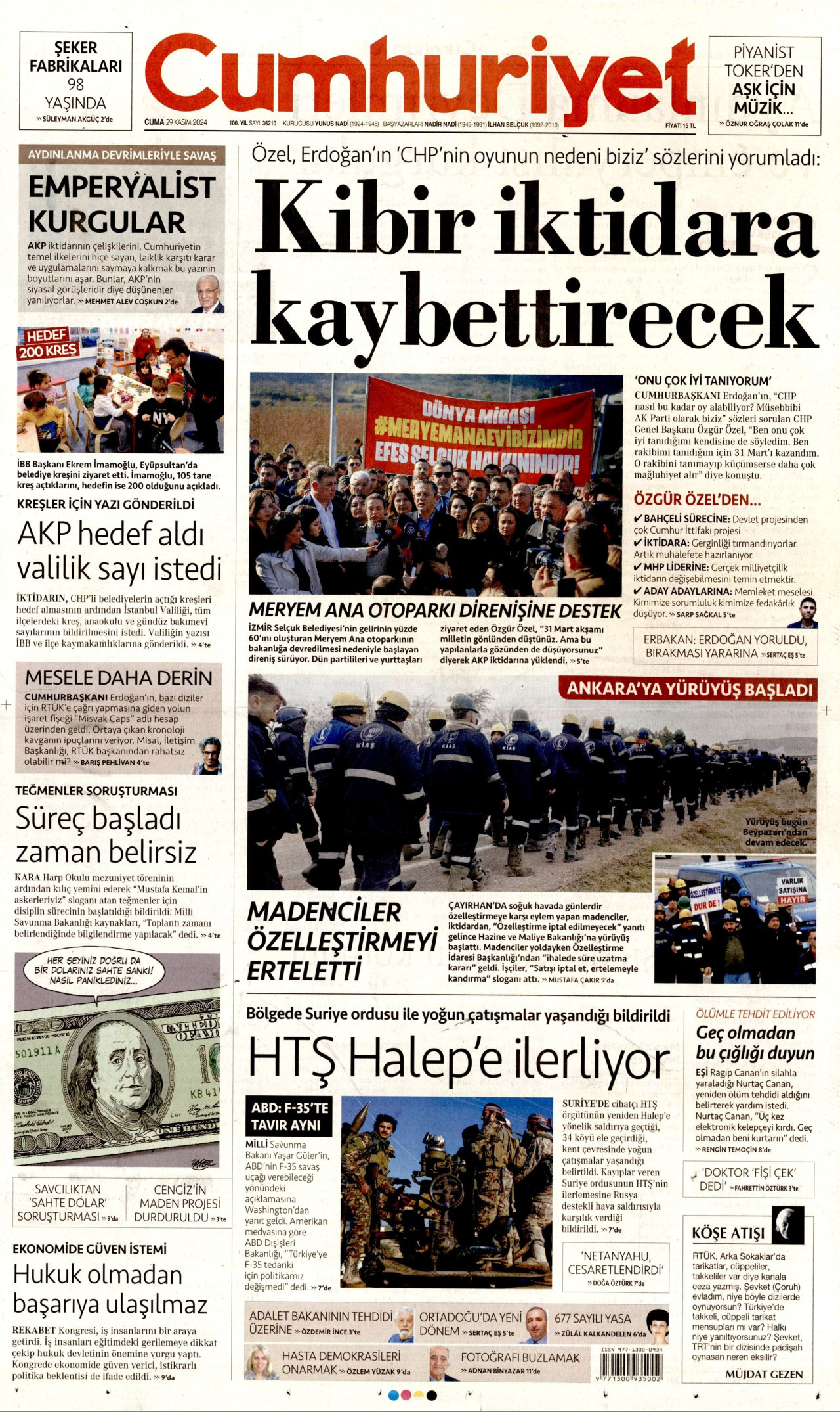 CUMHURİYET gazetesinin 29 Kasım 2024 tarihli birinci sayfası