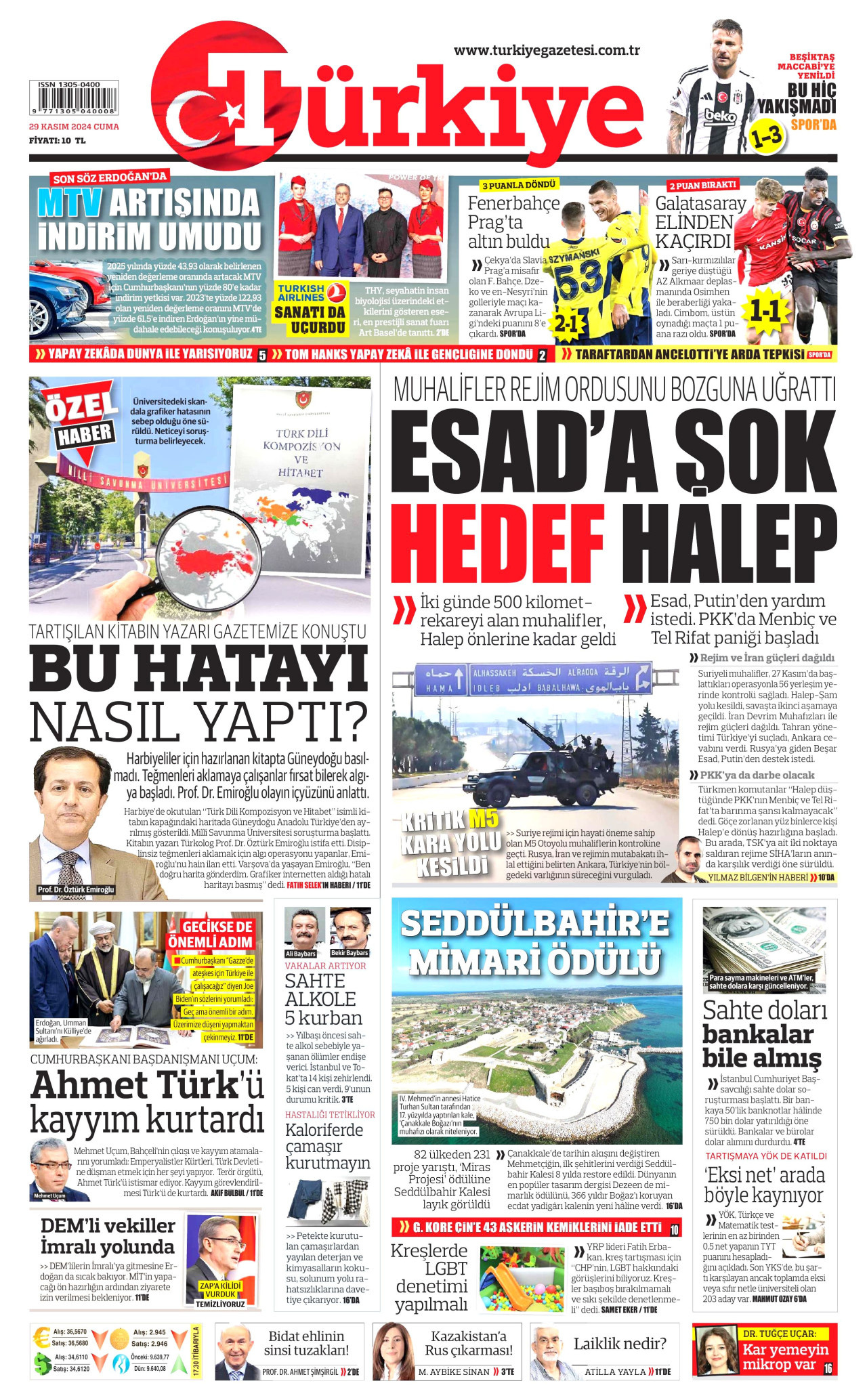 TÜRKİYE GAZETESİ gazetesinin 29 Kasım 2024 tarihli birinci sayfası