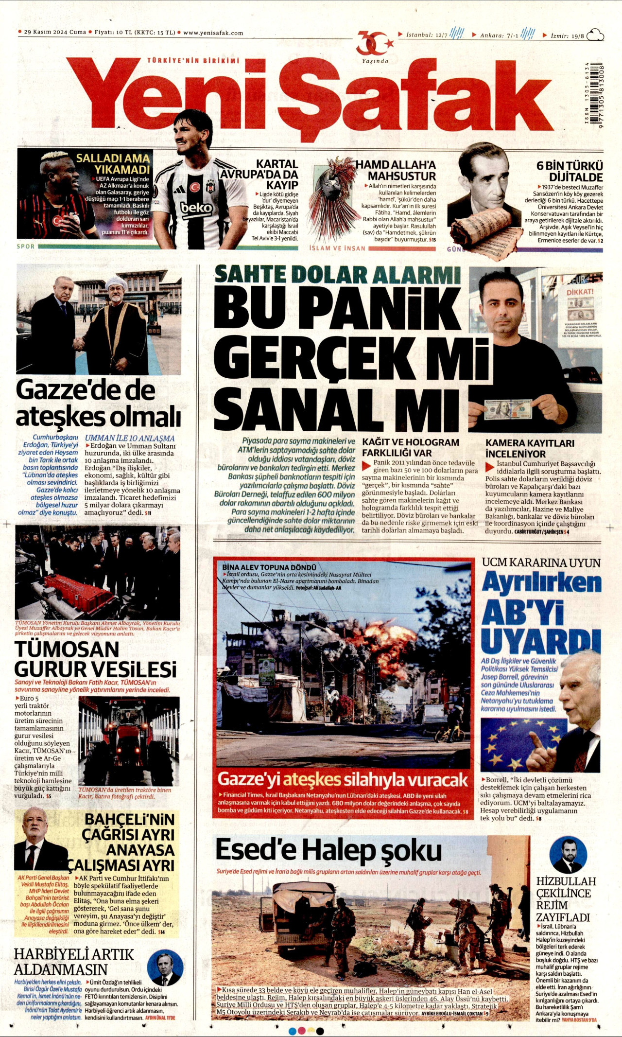 YENİ ŞAFAK gazetesinin 29 Kasım 2024 tarihli birinci sayfası