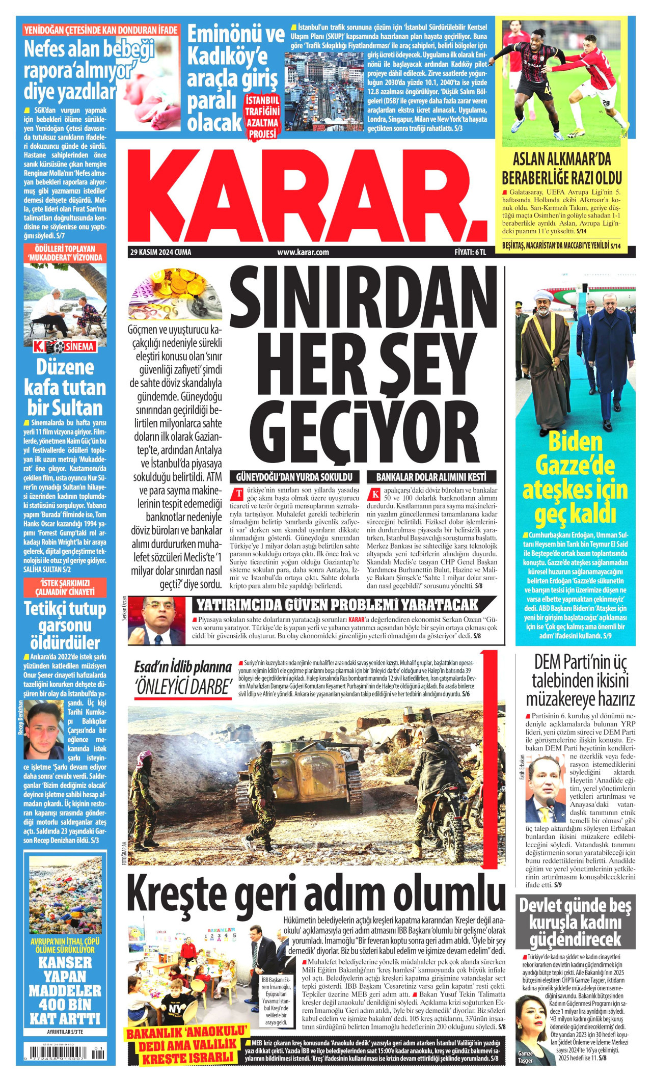 KARAR gazetesinin 29 Kasım 2024 tarihli birinci sayfası