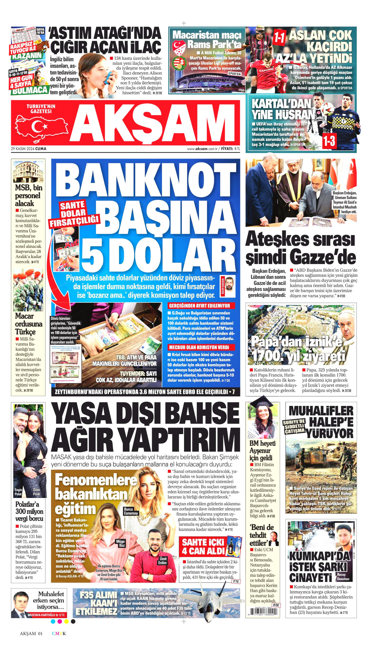 AKŞAM gazetesinin 29 Kasım 2024 tarihli birinci sayfası