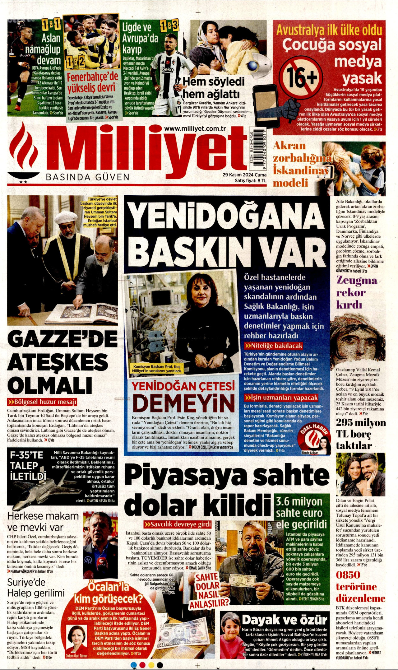 MİLLİYET gazetesinin 29 Kasım 2024 tarihli birinci sayfası