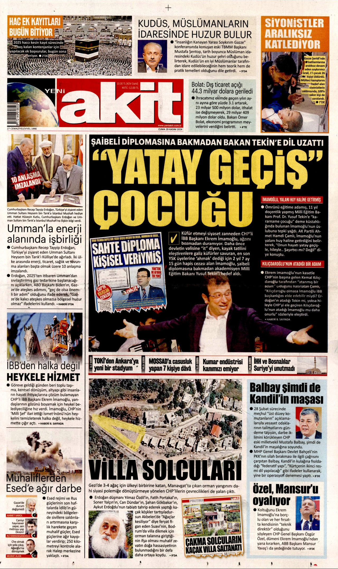 YENİ AKİT gazetesinin 29 Kasım 2024 tarihli birinci sayfası