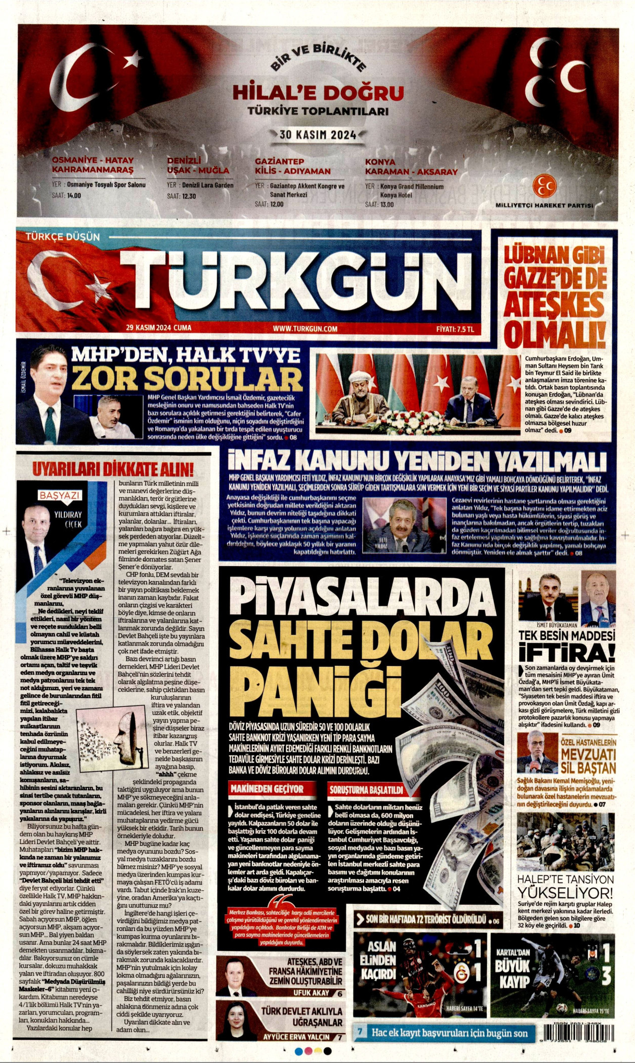 TÜRKGÜN gazetesinin 29 Kasım 2024 tarihli birinci sayfası