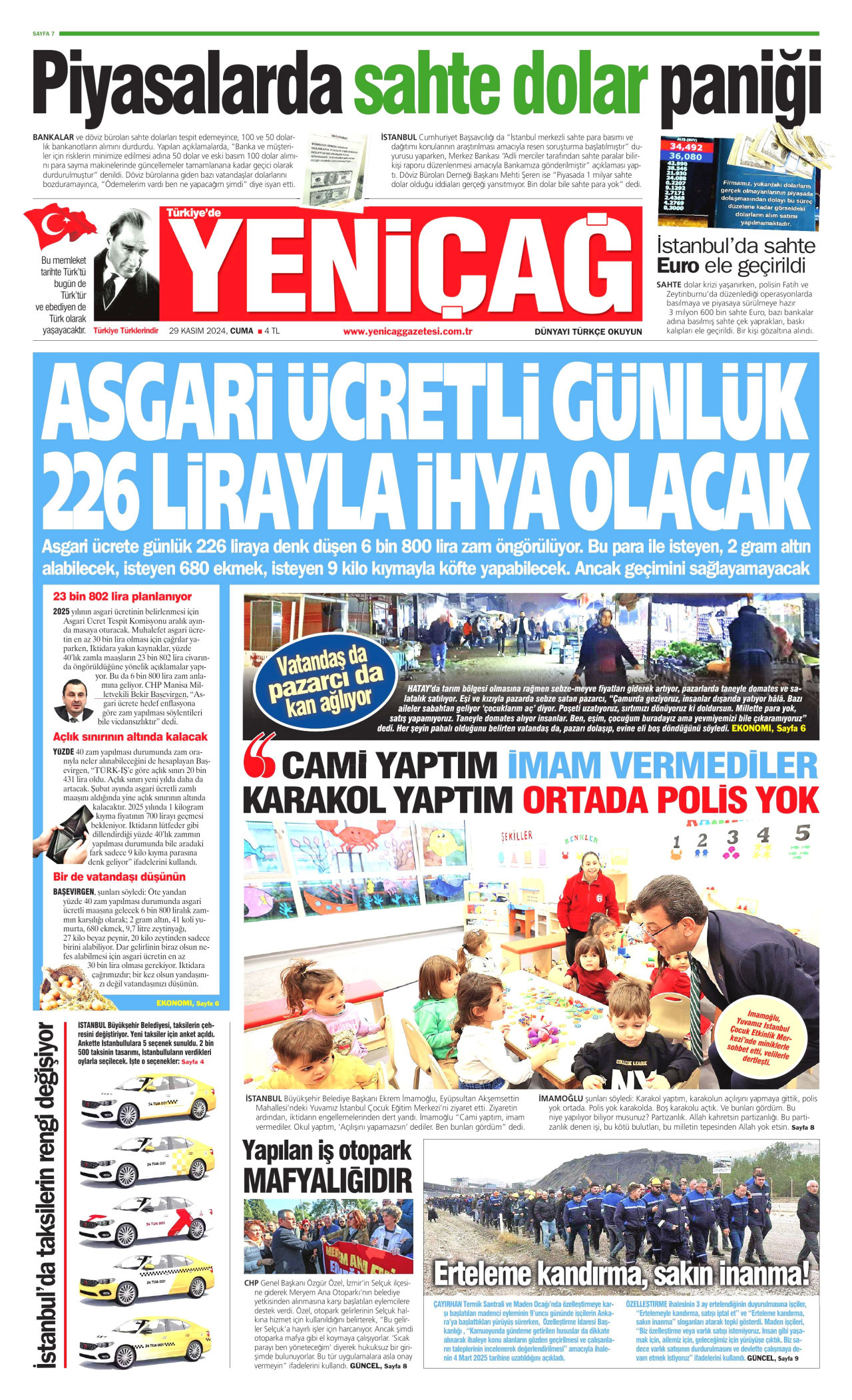 YENİÇAĞ gazetesinin 29 Kasım 2024 tarihli birinci sayfası