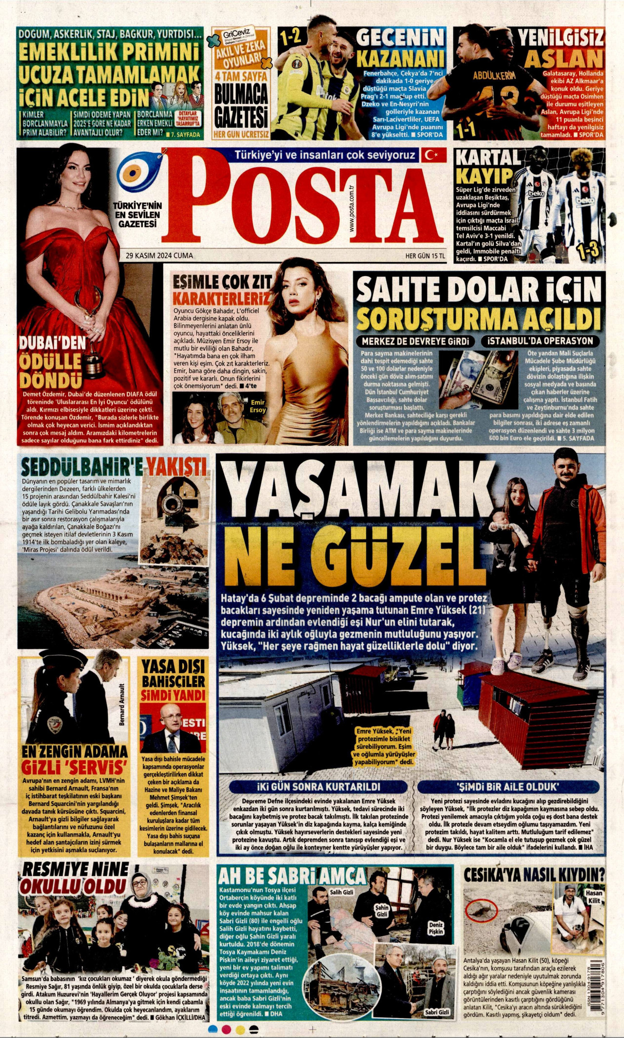 POSTA gazetesinin 29 Kasım 2024 tarihli birinci sayfası