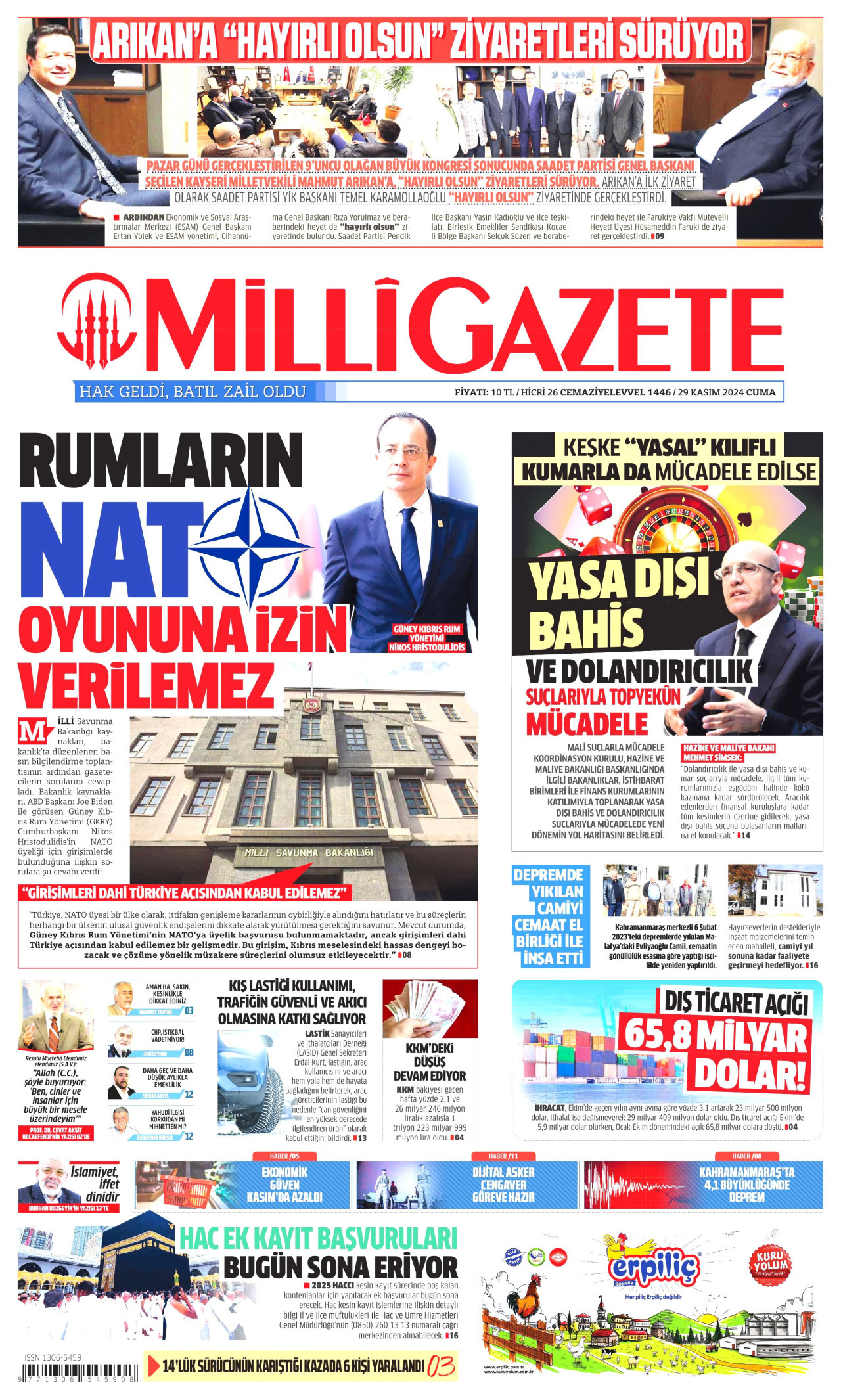 MİLLİ GAZETE gazetesinin 29 Kasım 2024 tarihli birinci sayfası