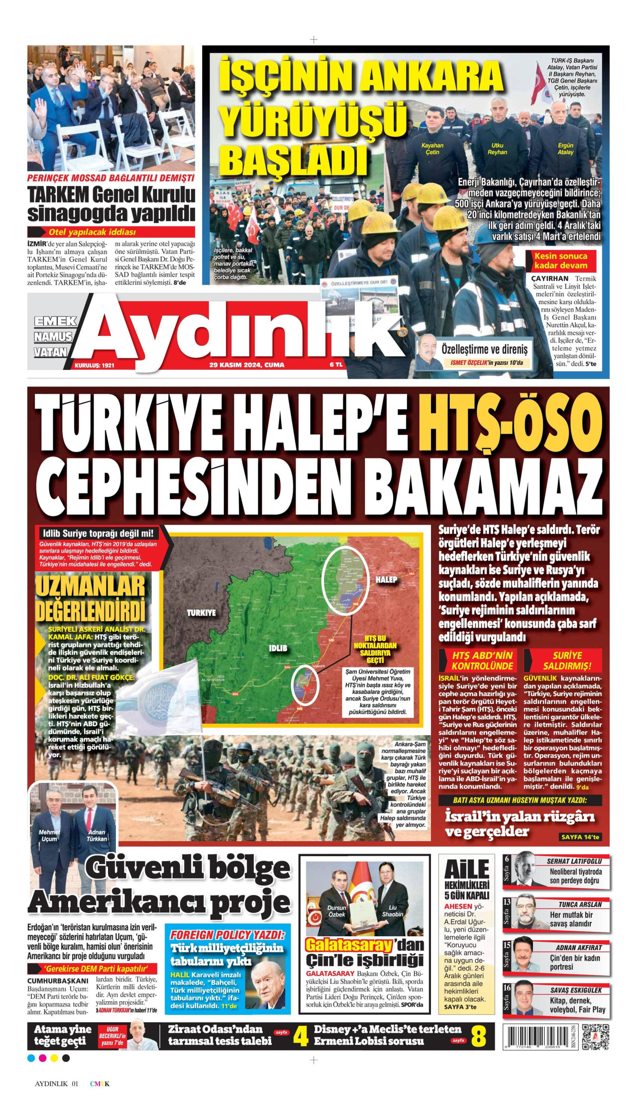 AYDINLIK GAZETESİ gazetesinin 29 Kasım 2024 tarihli birinci sayfası