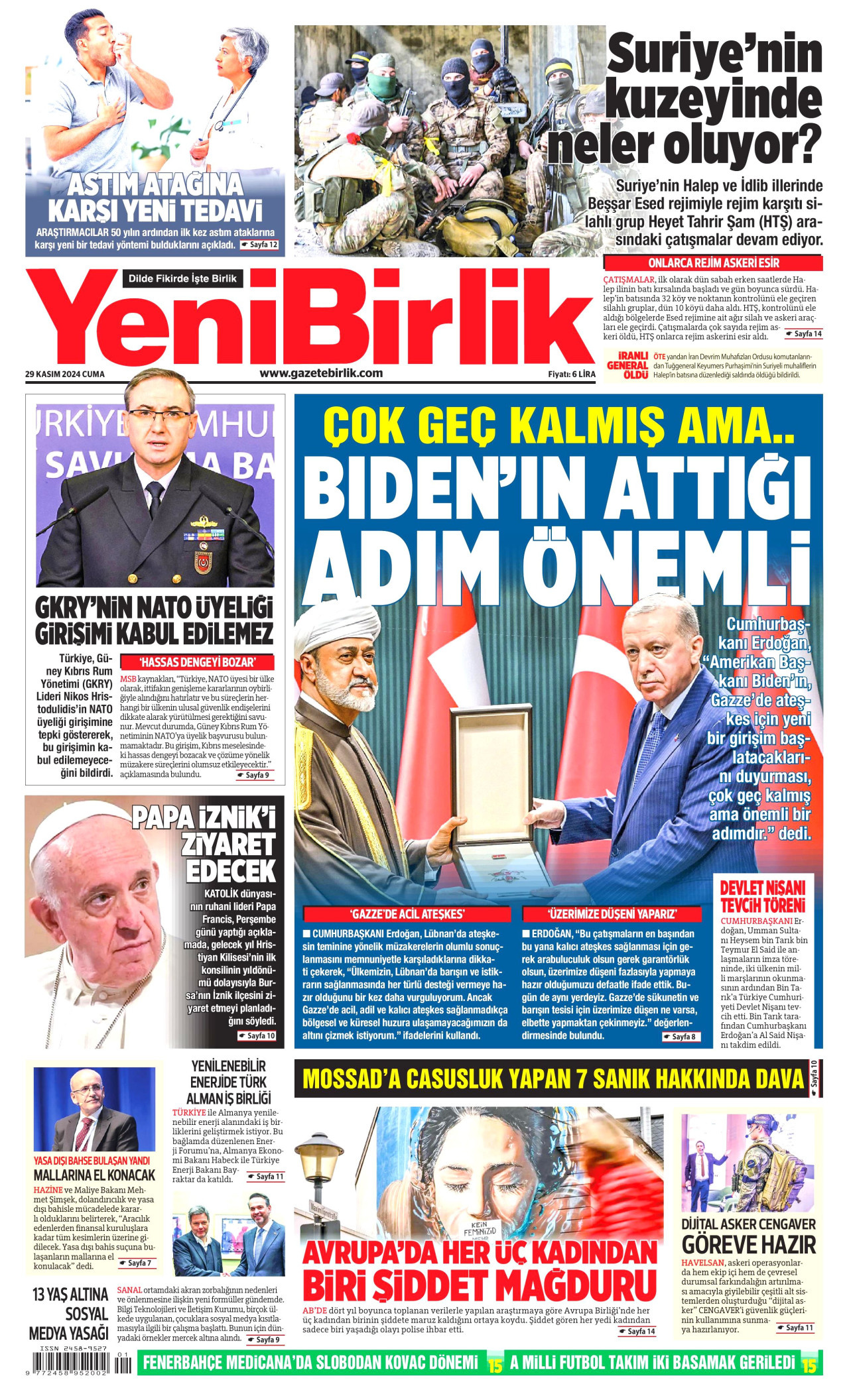 YENİBİRLİK gazetesinin 29 Kasım 2024 tarihli birinci sayfası