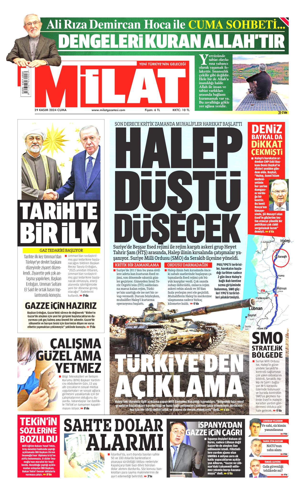 MİLAT gazetesinin 29 Kasım 2024 tarihli birinci sayfası