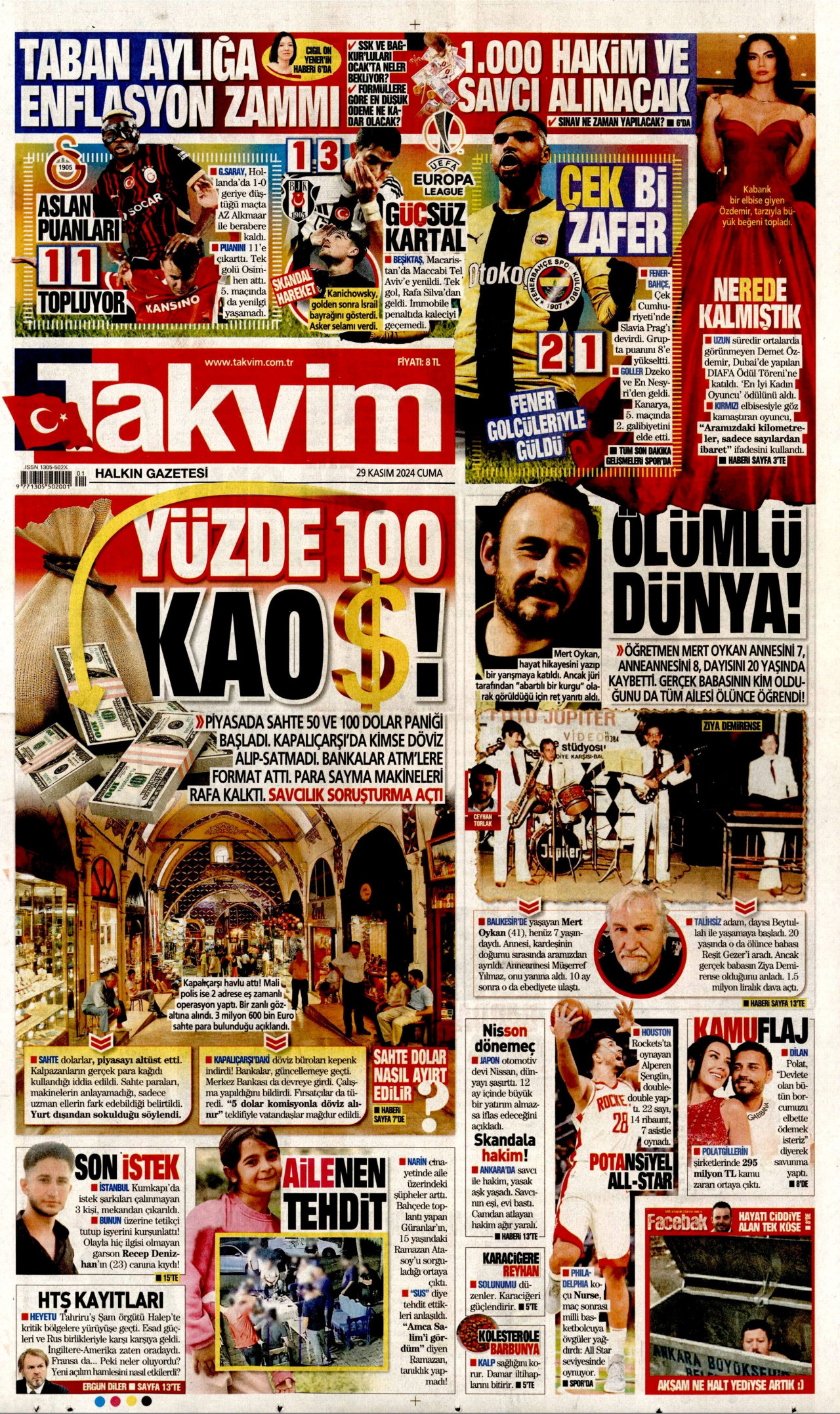 TAKVİM gazetesinin 29 Kasım 2024 tarihli birinci sayfası