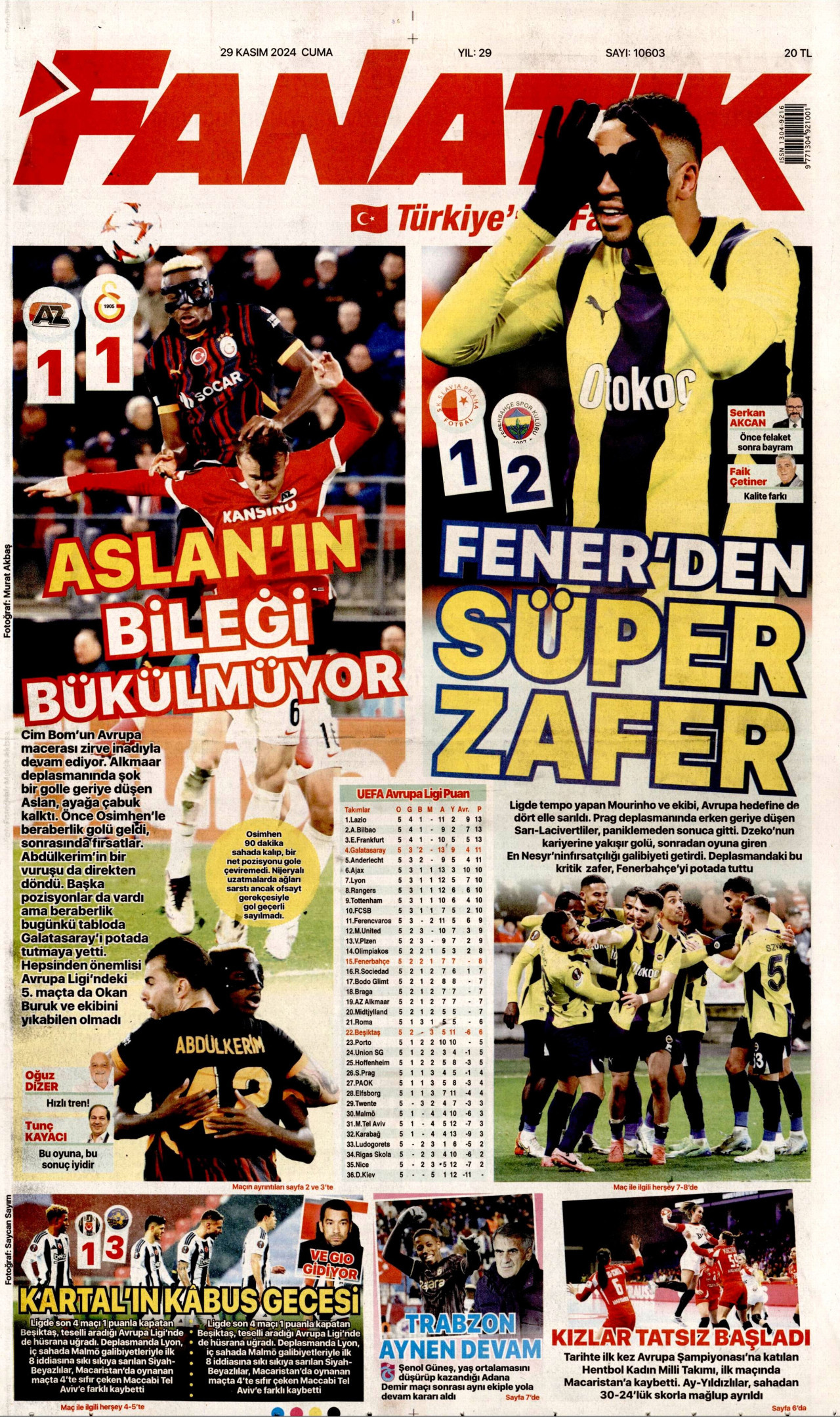 FANATİK gazetesinin 29 Kasım 2024 tarihli birinci sayfası