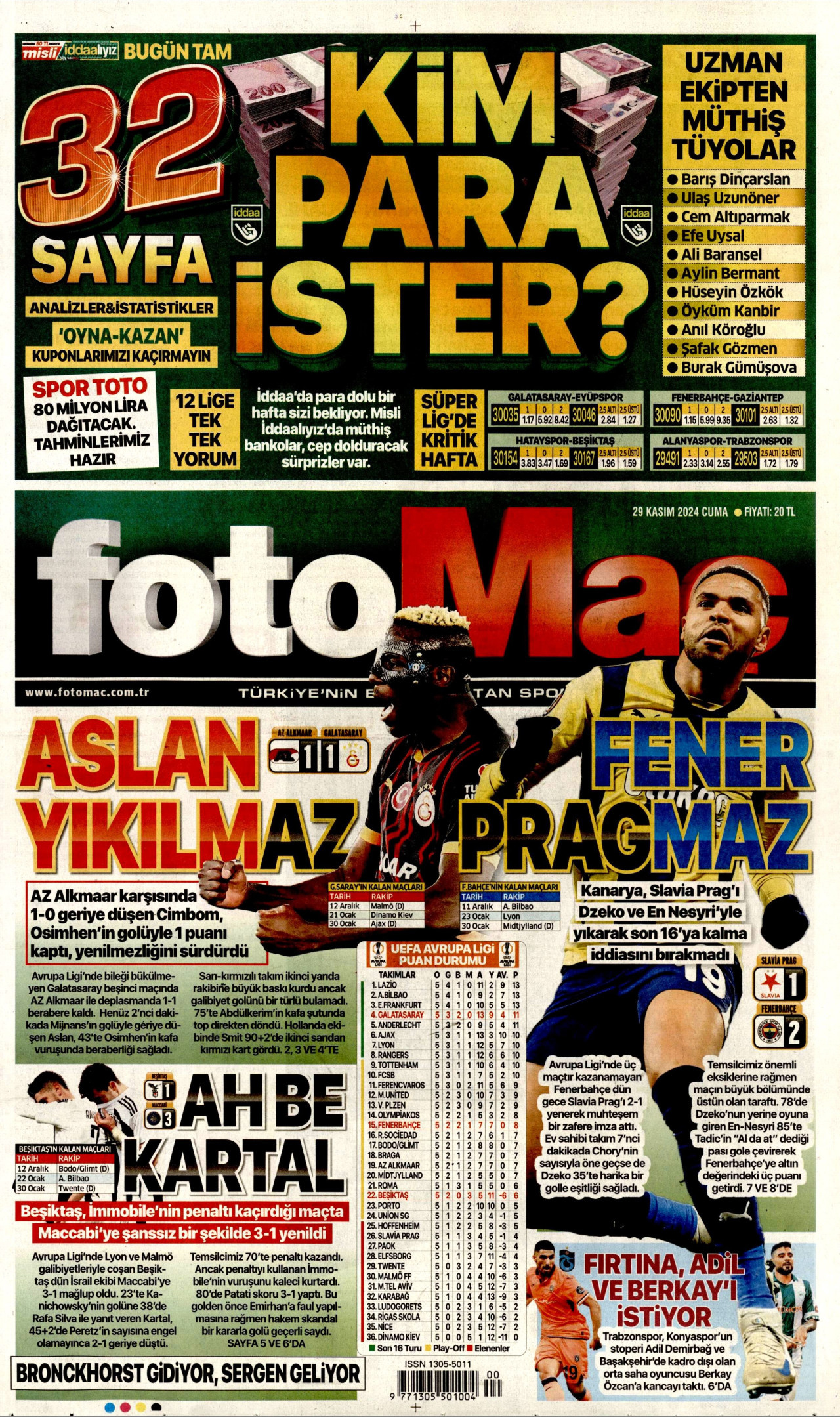 FOTOMAÇ gazetesinin 29 Kasım 2024 tarihli birinci sayfası