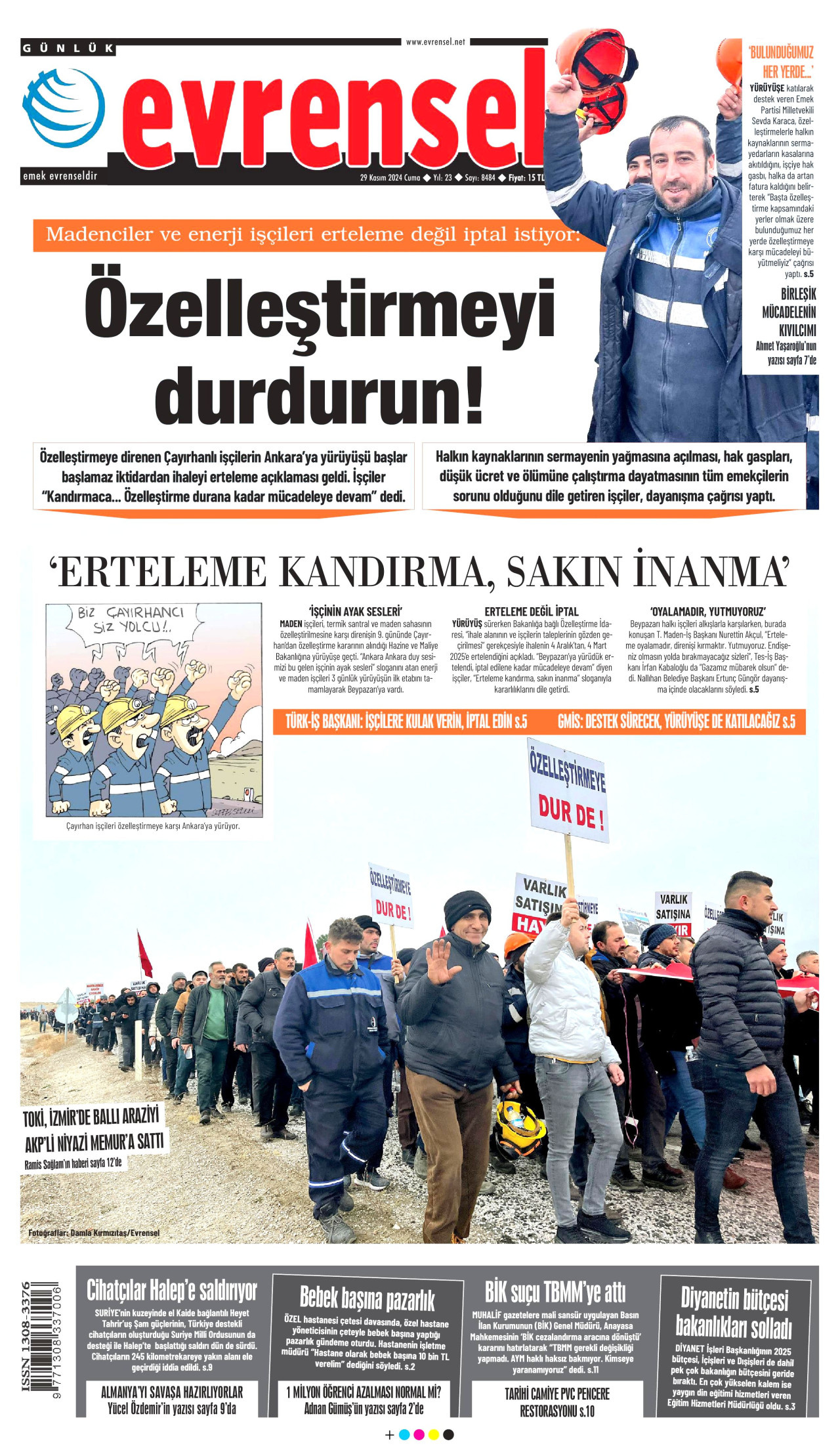 EVRENSEL gazetesinin 29 Kasım 2024 tarihli birinci sayfası