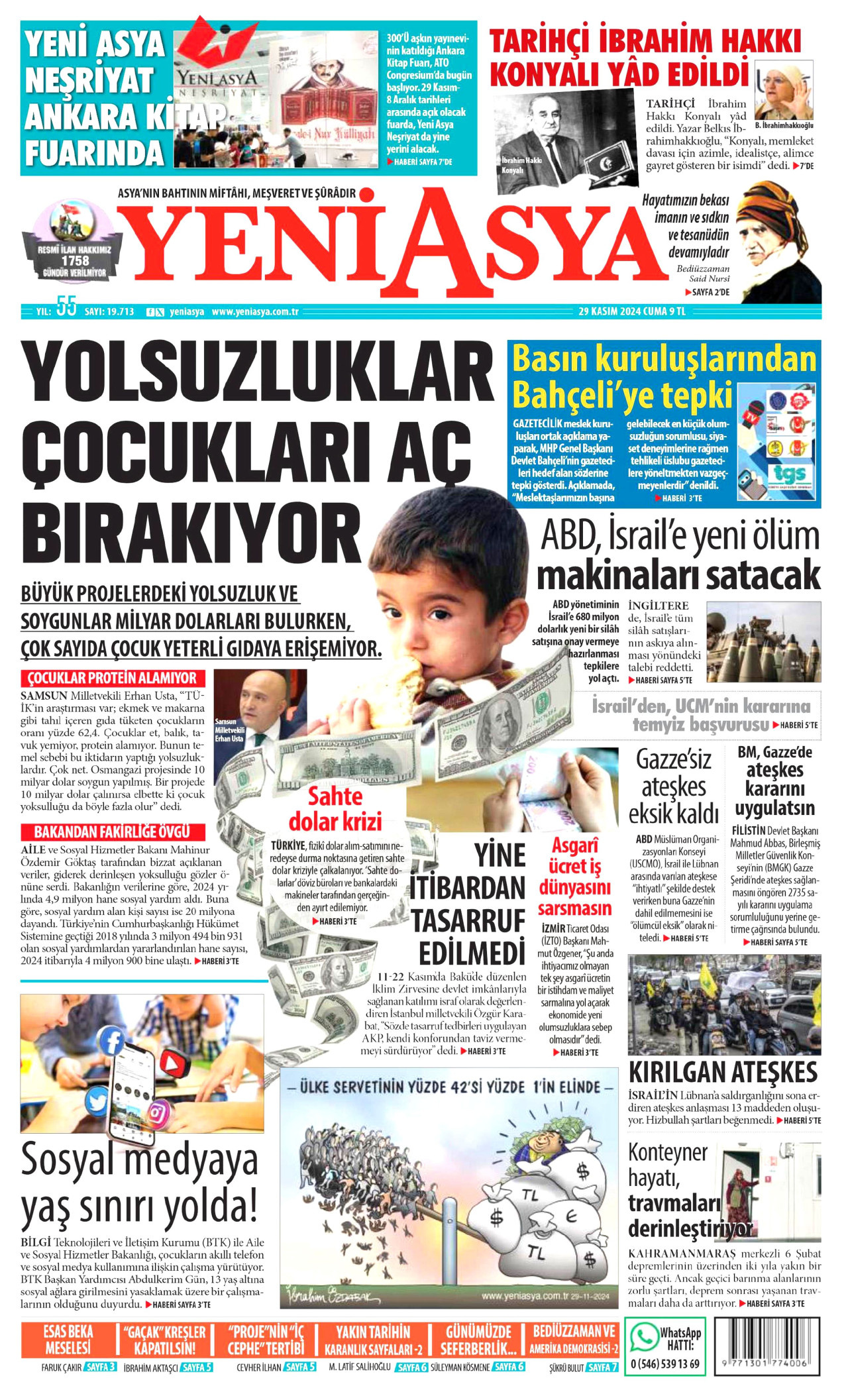 YENİ ASYA gazetesinin 29 Kasım 2024 tarihli birinci sayfası