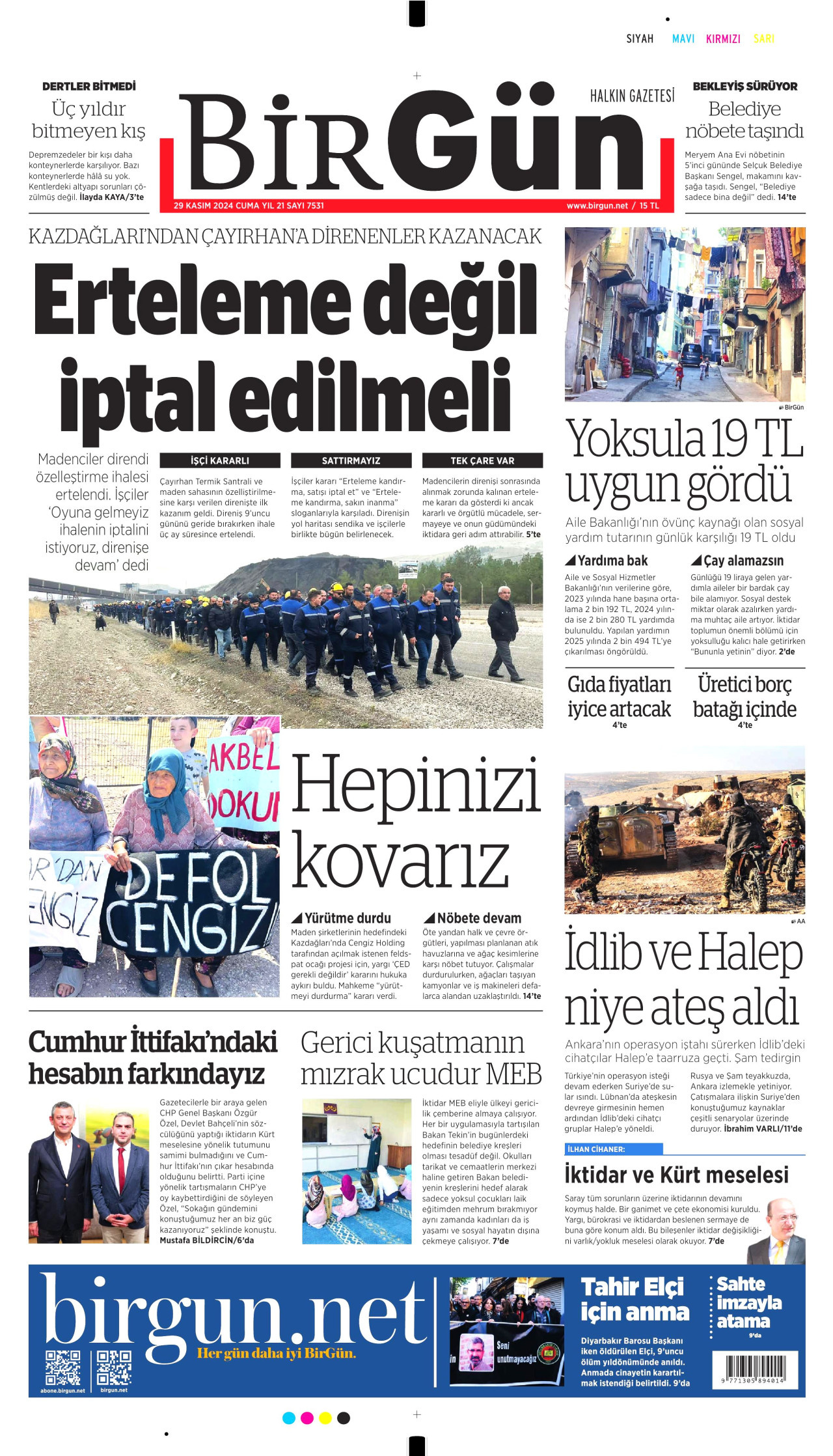 BİRGÜN gazetesinin 29 Kasım 2024 tarihli birinci sayfası
