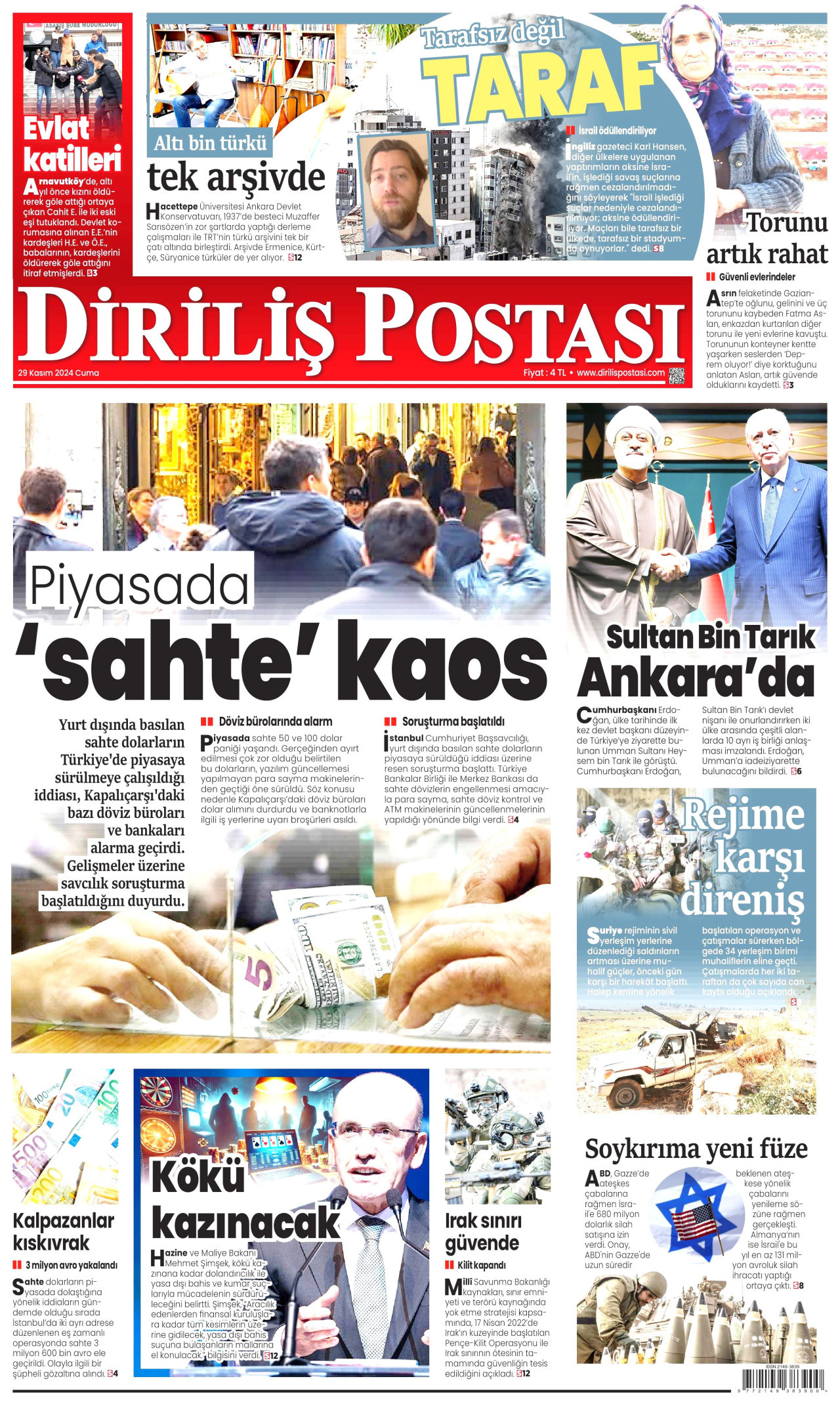 DİRİLİŞ POSTASI gazetesinin 29 Kasım 2024 tarihli birinci sayfası