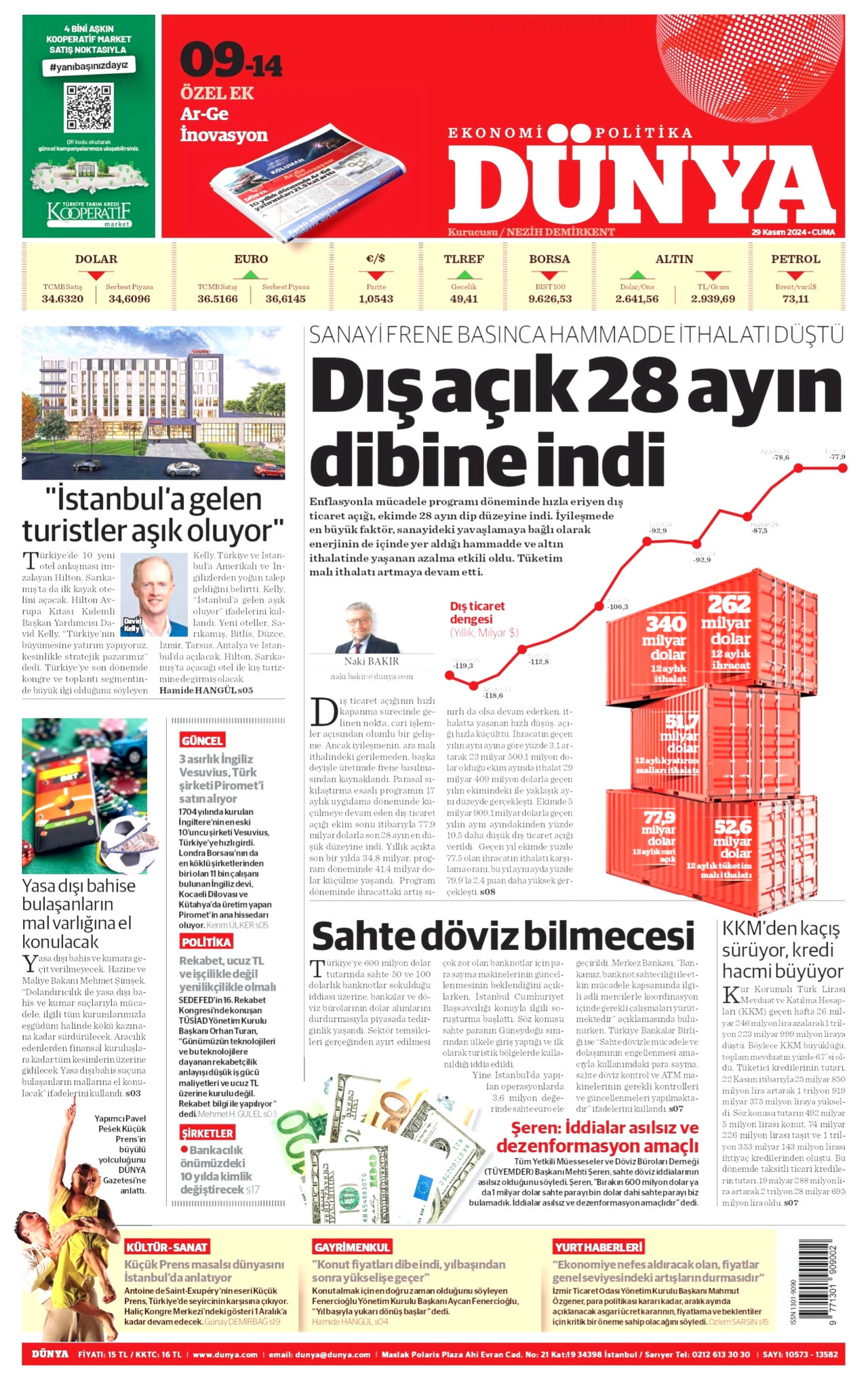 DÜNYA gazetesinin 29 Kasım 2024 tarihli birinci sayfası
