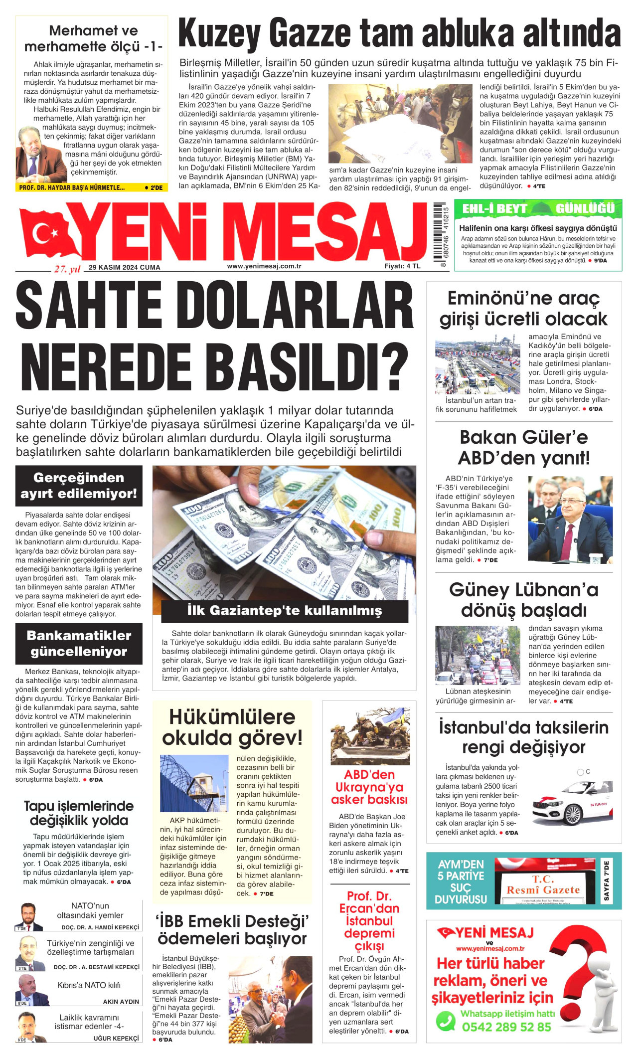 YENİ MESAJ gazetesinin 29 Kasım 2024 tarihli birinci sayfası