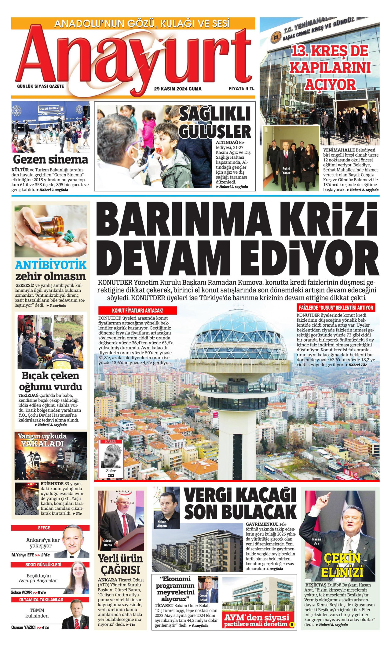 ANAYURT gazetesinin 29 Kasım 2024 tarihli birinci sayfası