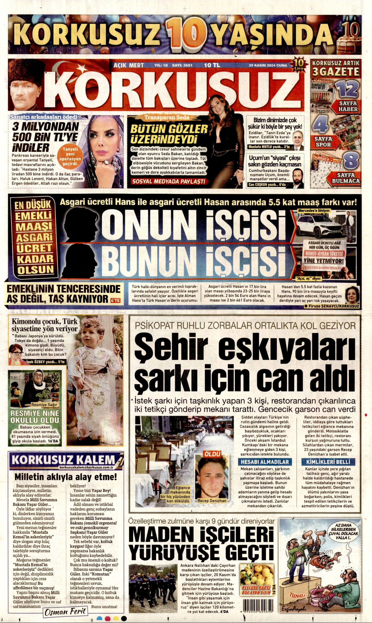 KORKUSUZ gazetesinin 29 Kasım 2024 tarihli birinci sayfası