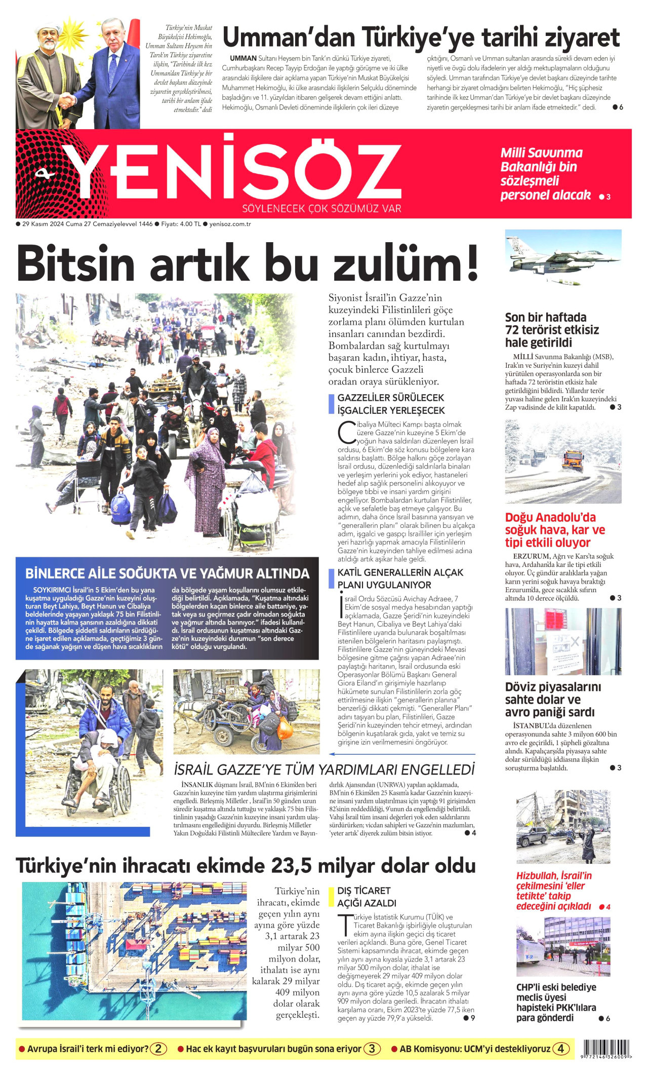 YENİ SÖZ GAZETESİ gazetesinin 29 Kasım 2024 tarihli birinci sayfası