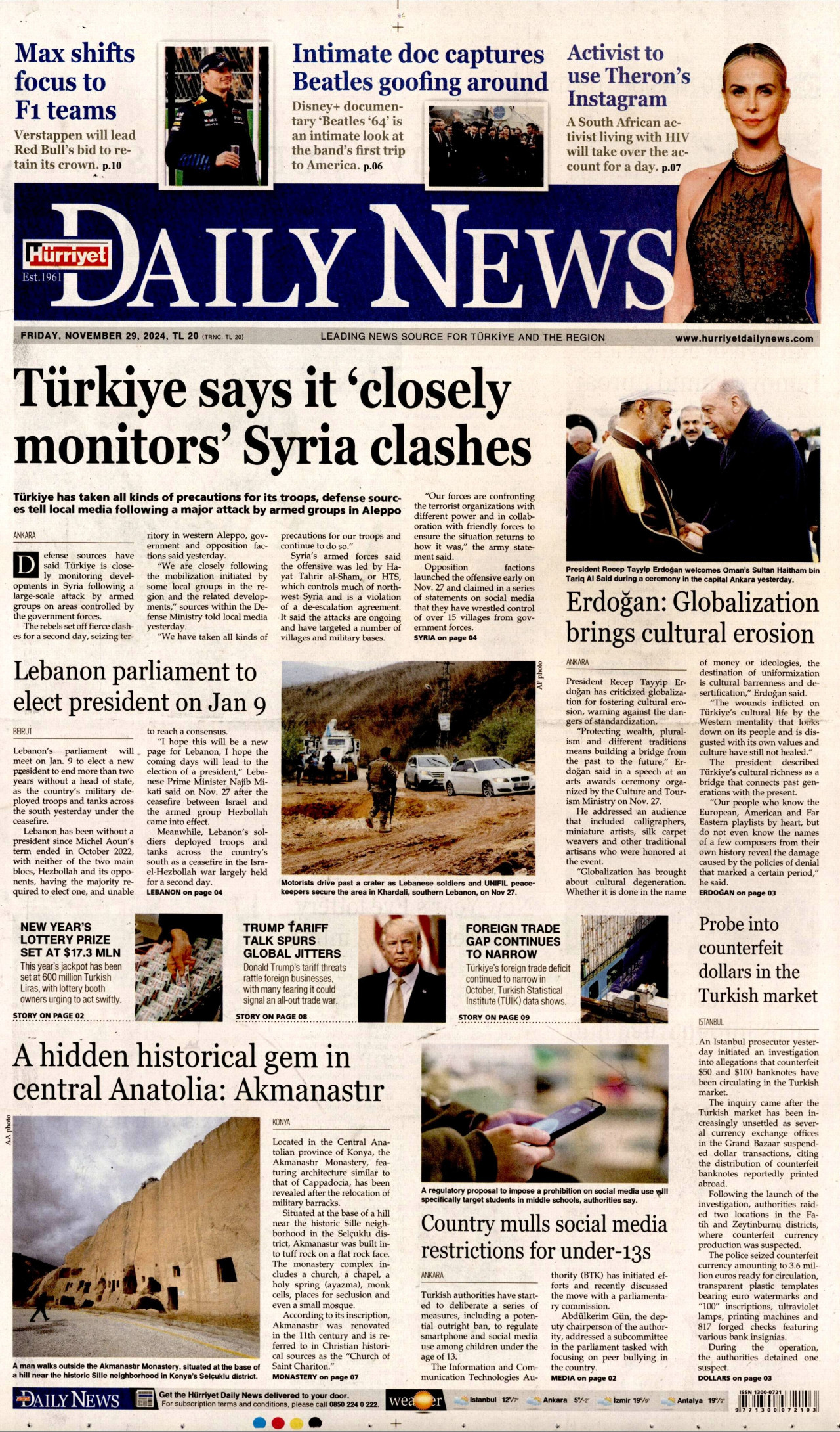 HÜRRİYET DAİLY NEWS gazetesinin 29 Kasım 2024 tarihli birinci sayfası