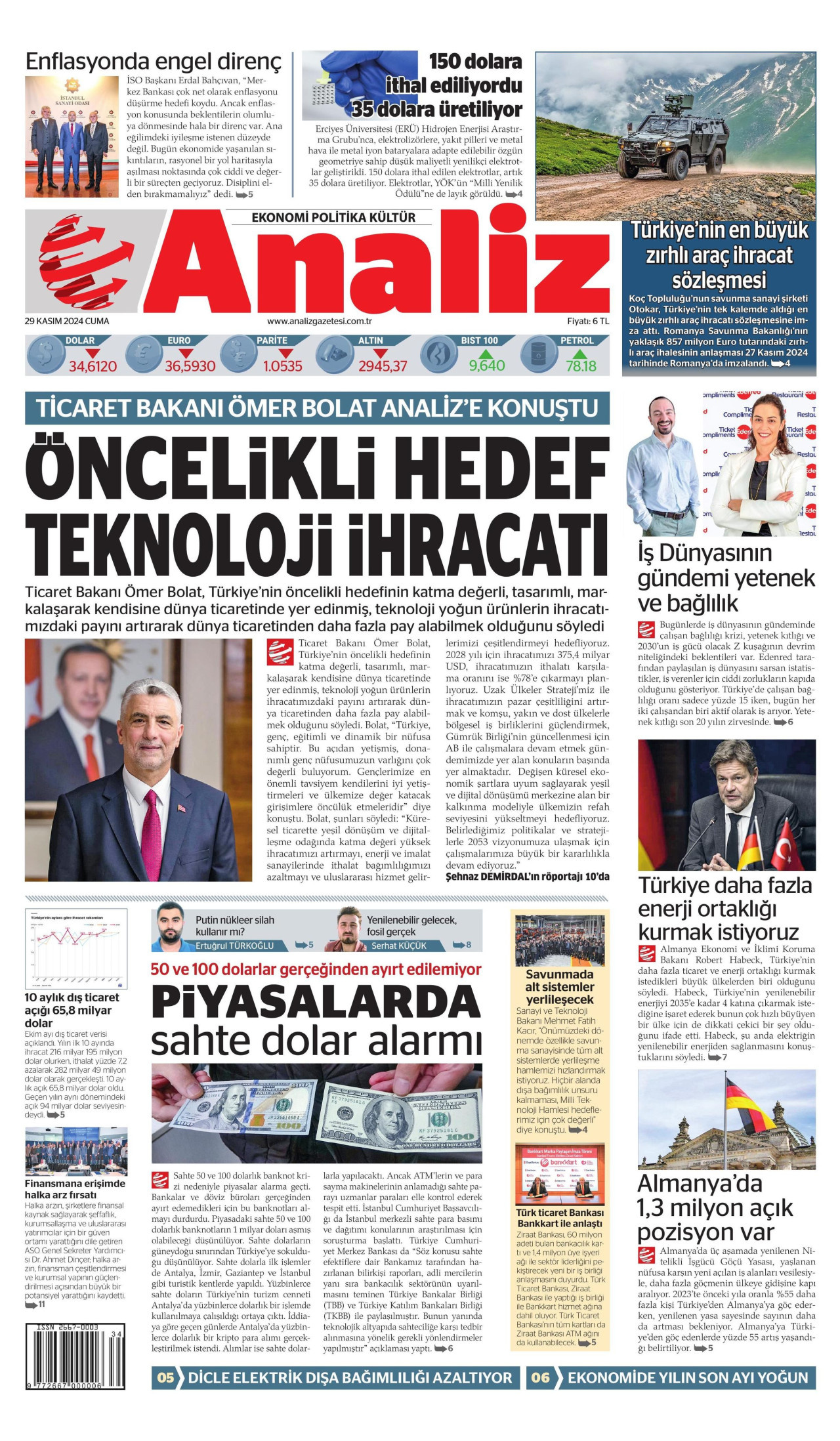 ANALİZ gazetesinin 29 Kasım 2024 tarihli birinci sayfası