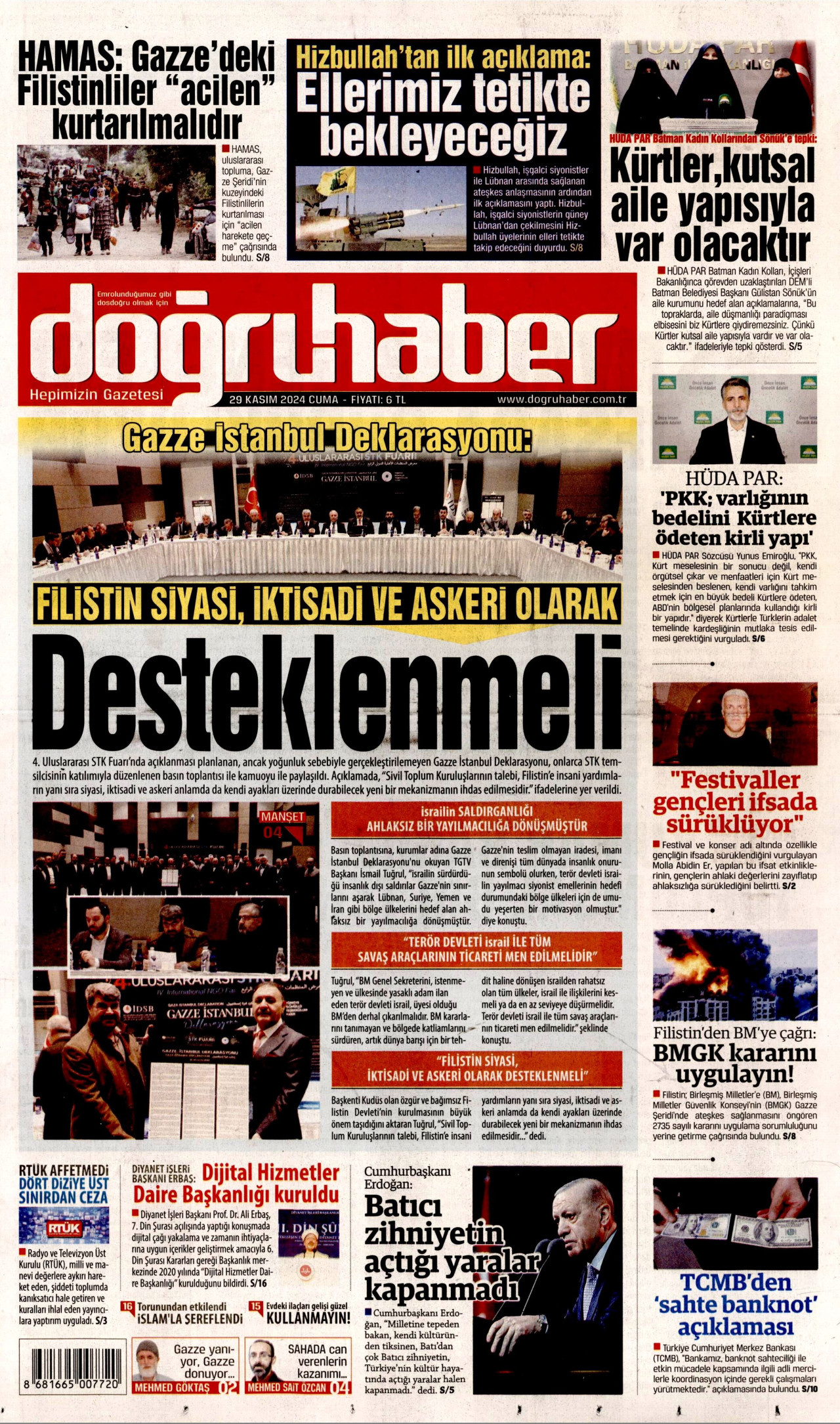 DOĞRU HABER gazetesinin 29 Kasım 2024 tarihli birinci sayfası