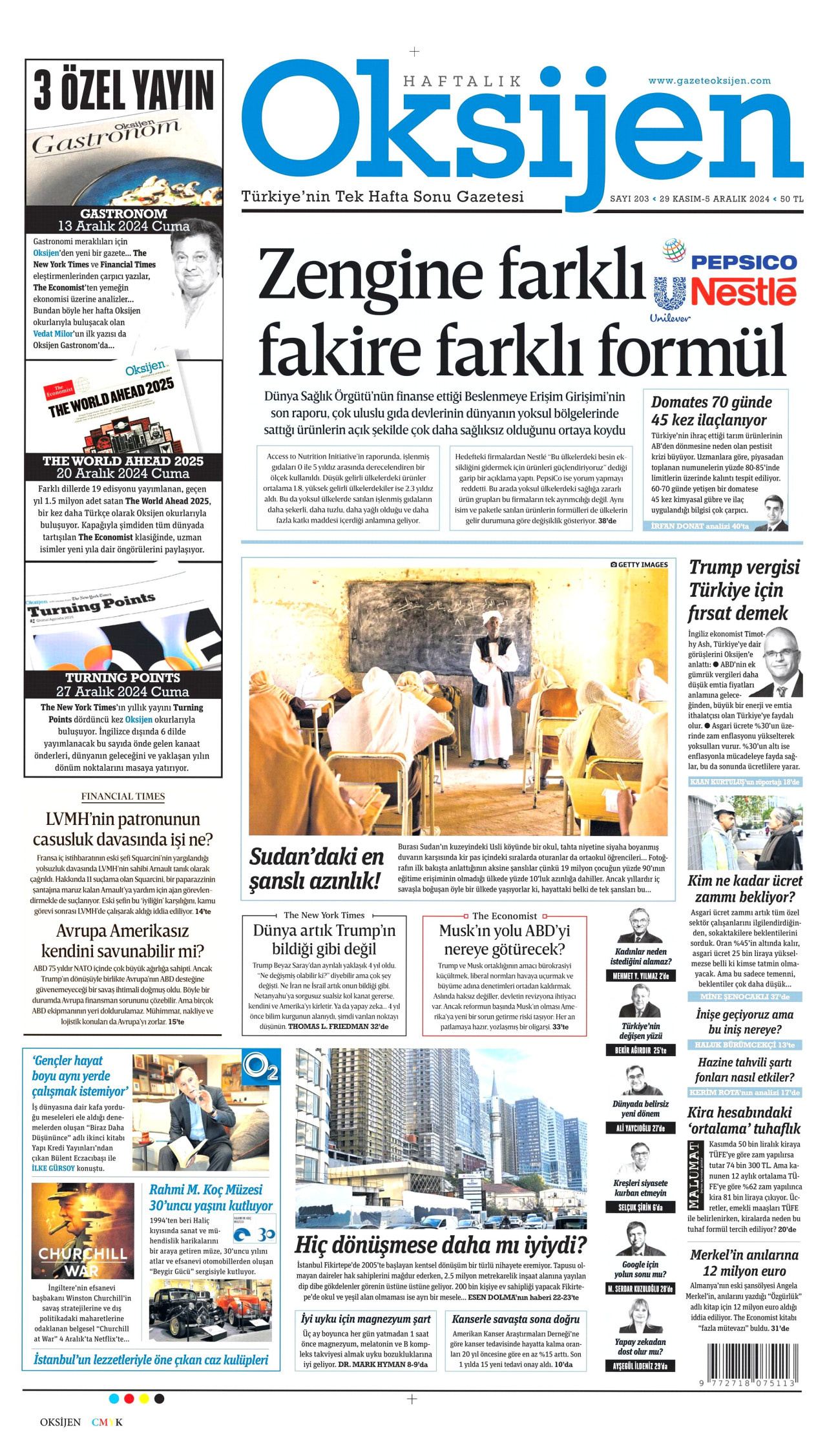 OKSİJEN gazetesinin 29 Kasım 2024 tarihli birinci sayfası