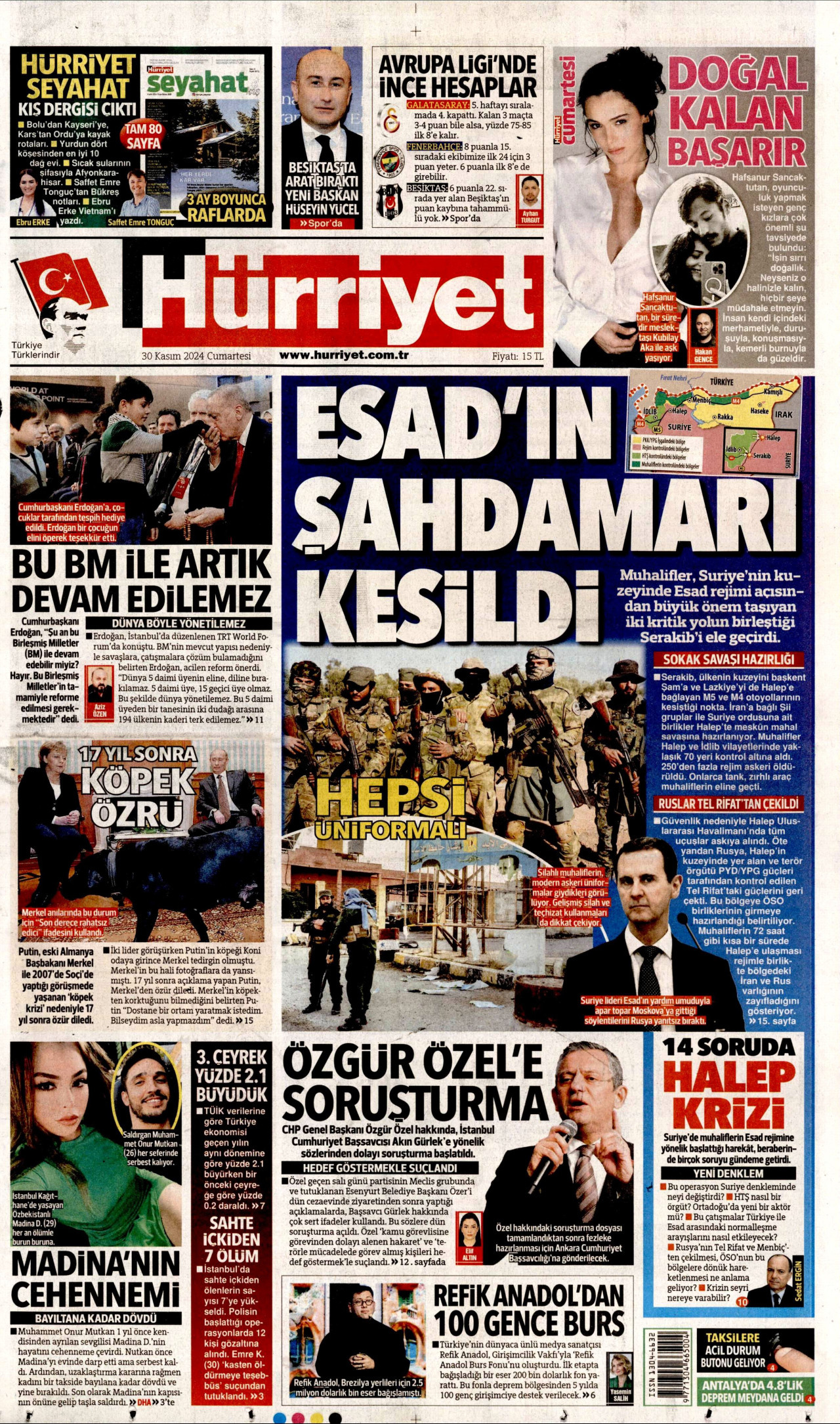 HÜRRİYET gazetesinin 30 Kasım 2024 tarihli birinci sayfası