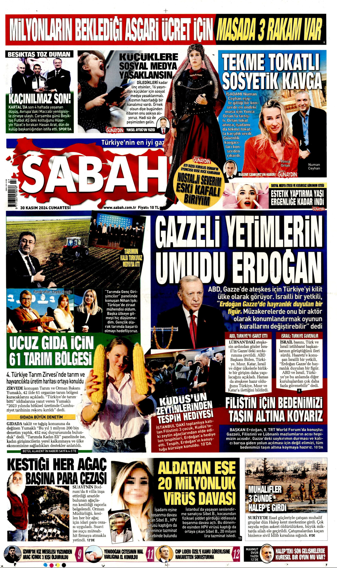 SABAH gazetesinin 30 Kasım 2024 tarihli birinci sayfası