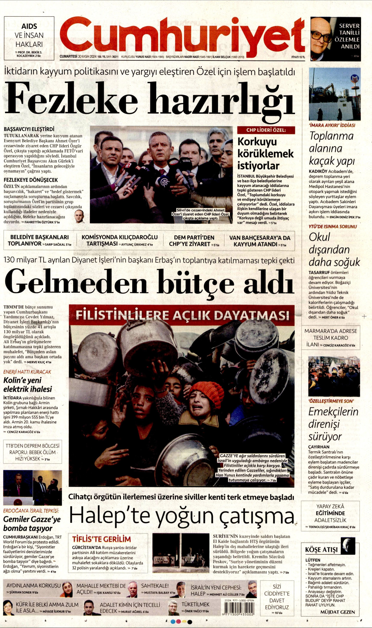 CUMHURİYET gazetesinin 30 Kasım 2024 tarihli birinci sayfası