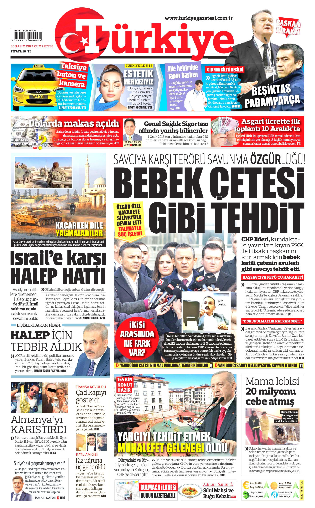 TÜRKİYE GAZETESİ gazetesinin 30 Kasım 2024 tarihli birinci sayfası
