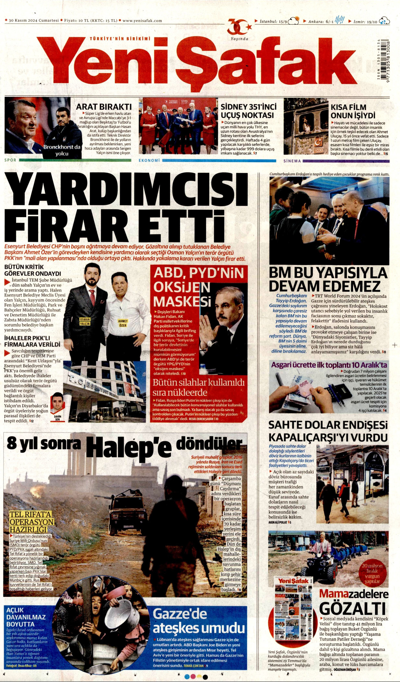 YENİ ŞAFAK gazetesinin 30 Kasım 2024 tarihli birinci sayfası