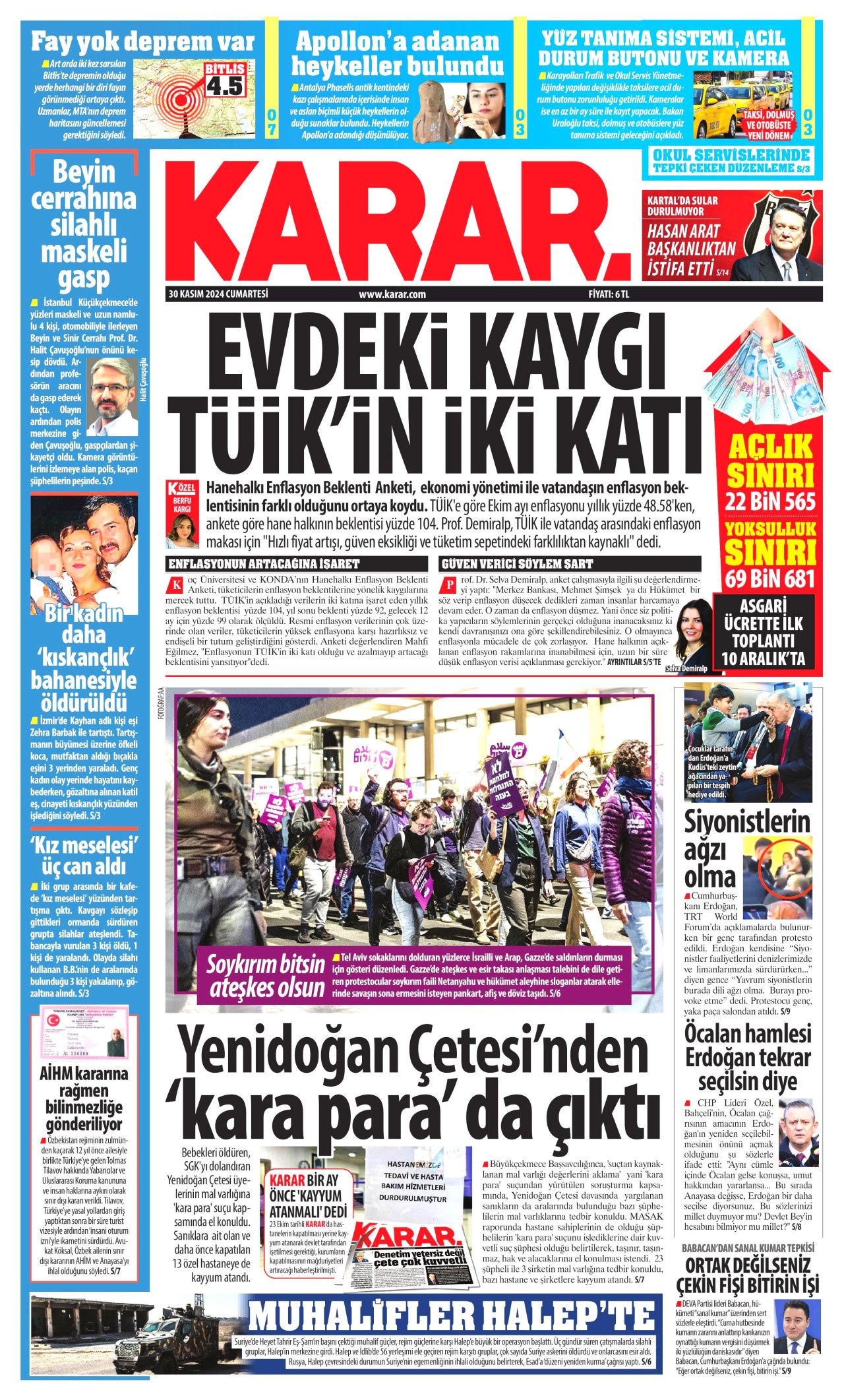 KARAR gazetesinin 30 Kasım 2024 tarihli birinci sayfası