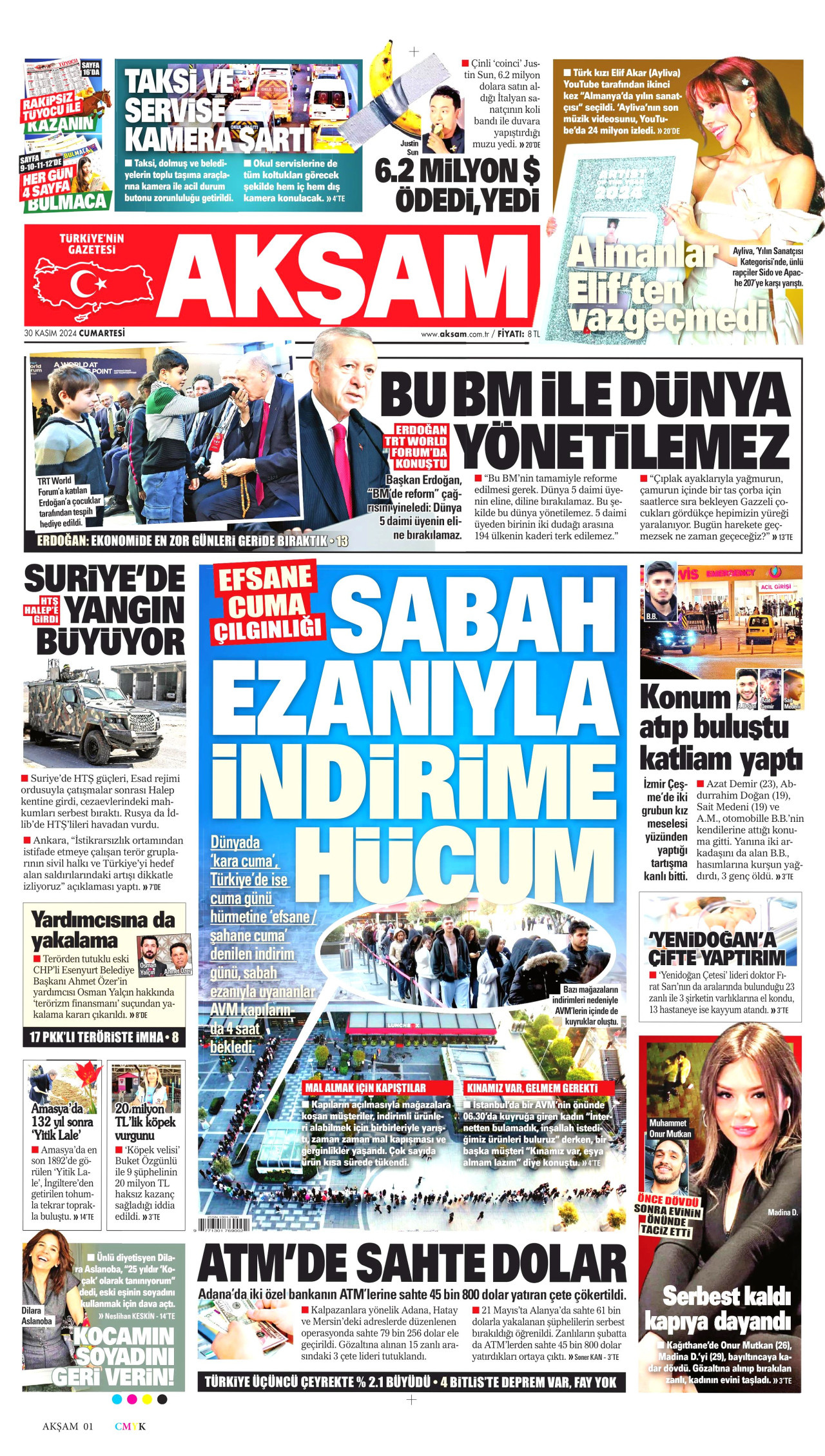 AKŞAM gazetesinin 30 Kasım 2024 tarihli birinci sayfası