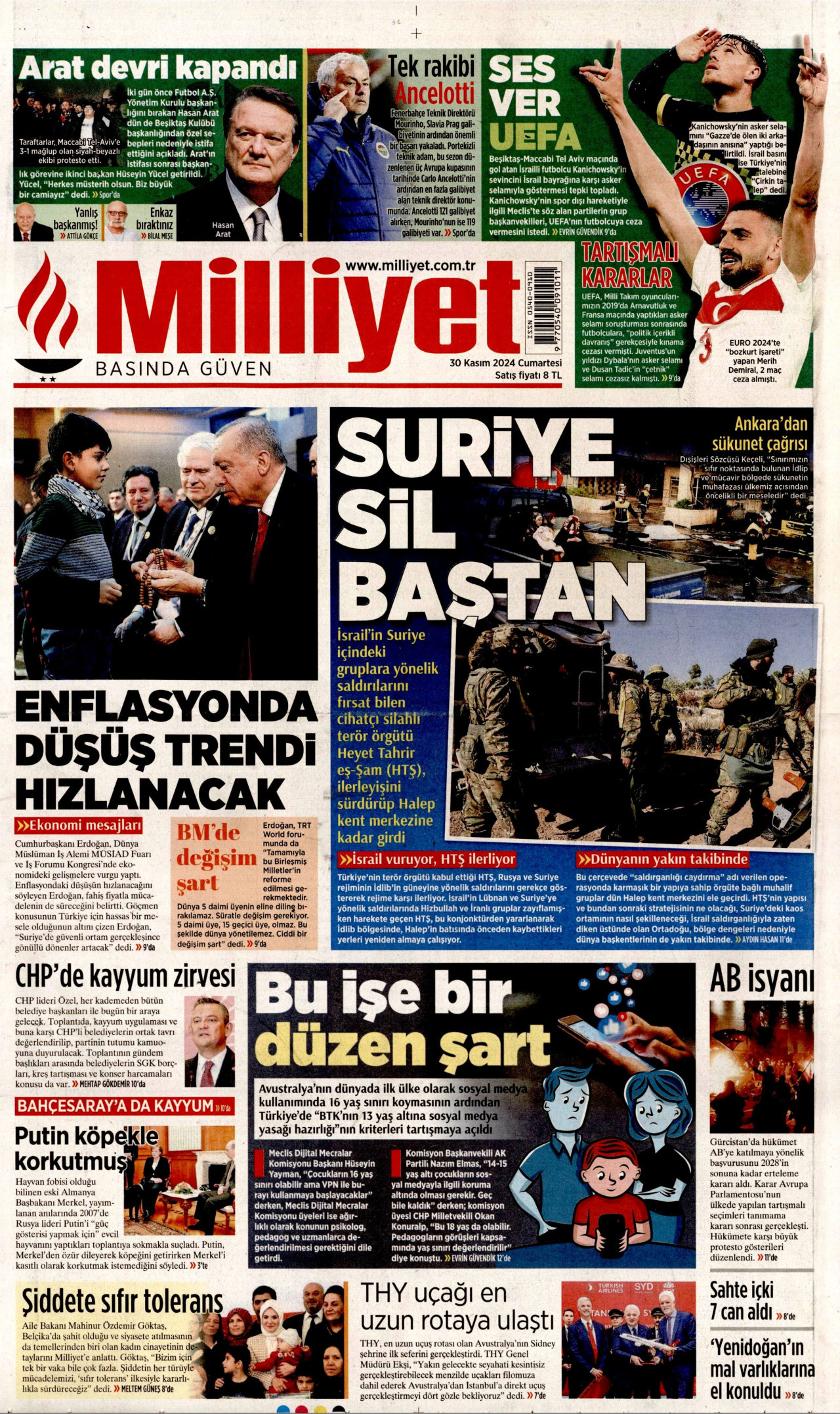 MİLLİYET gazetesinin 30 Kasım 2024 tarihli birinci sayfası