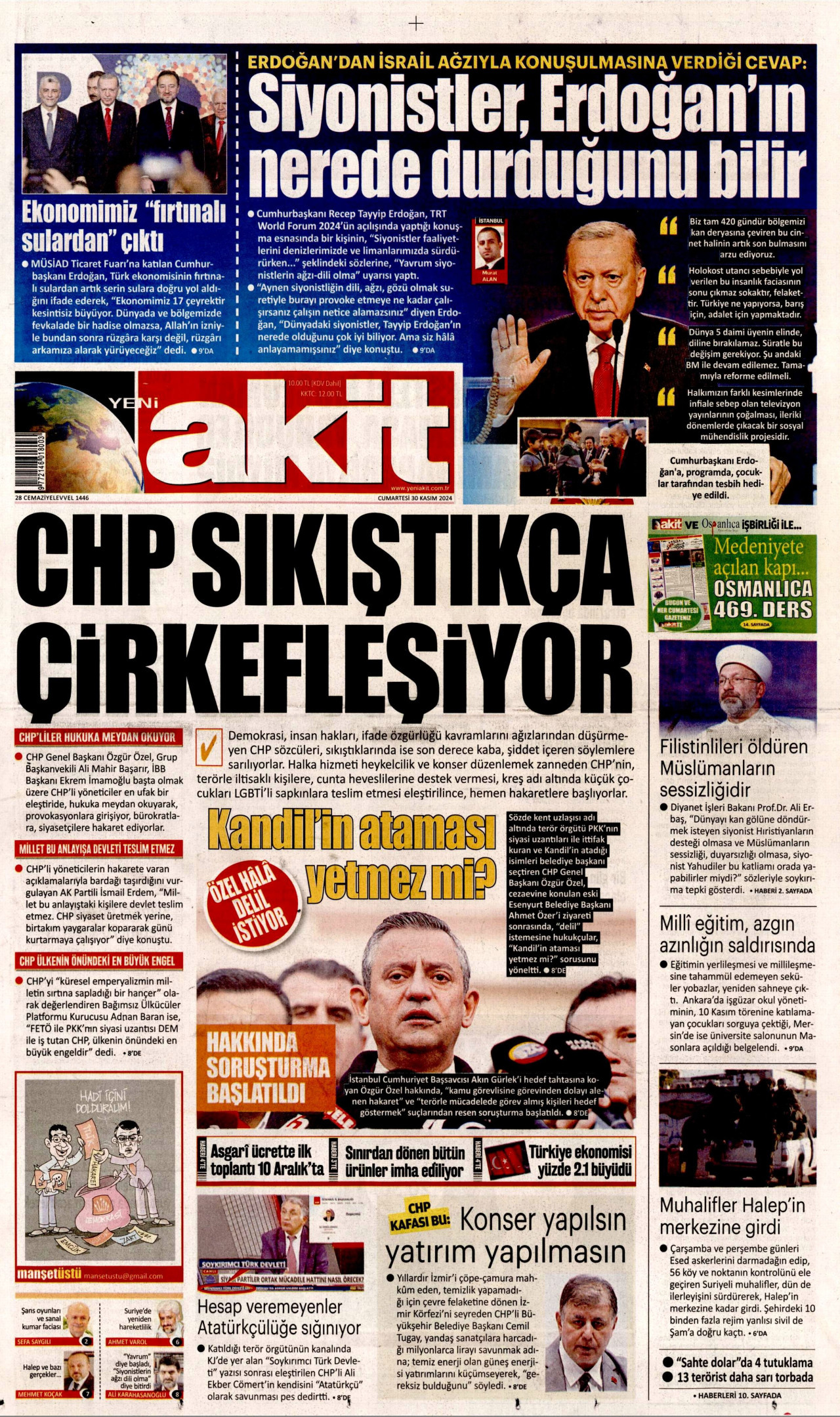 YENİ AKİT gazetesinin 30 Kasım 2024 tarihli birinci sayfası