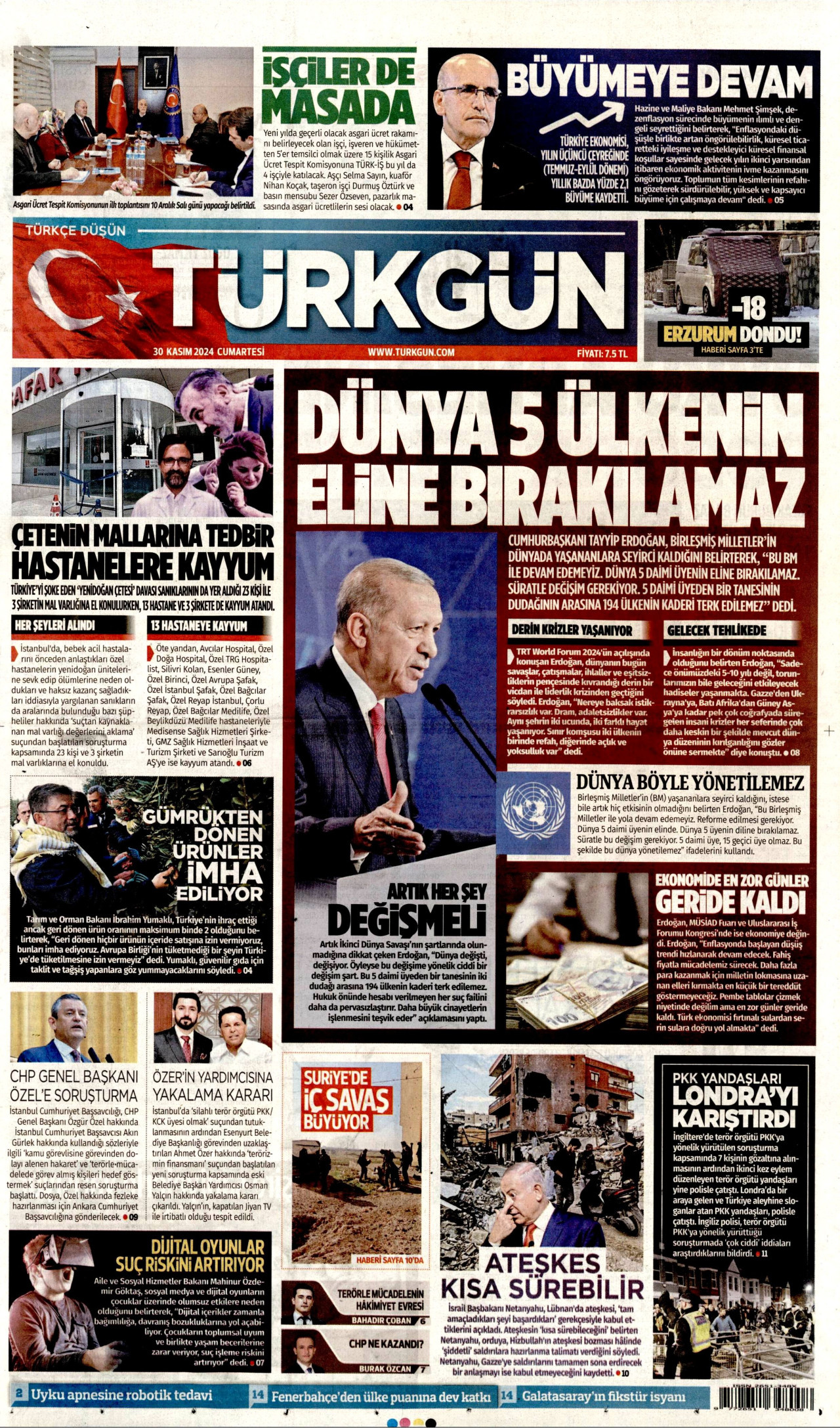 TÜRKGÜN gazetesinin 30 Kasım 2024 tarihli birinci sayfası