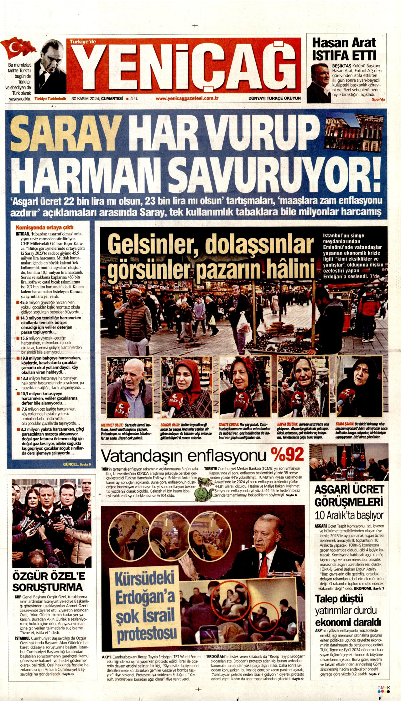 YENİÇAĞ gazetesinin 30 Kasım 2024 tarihli birinci sayfası